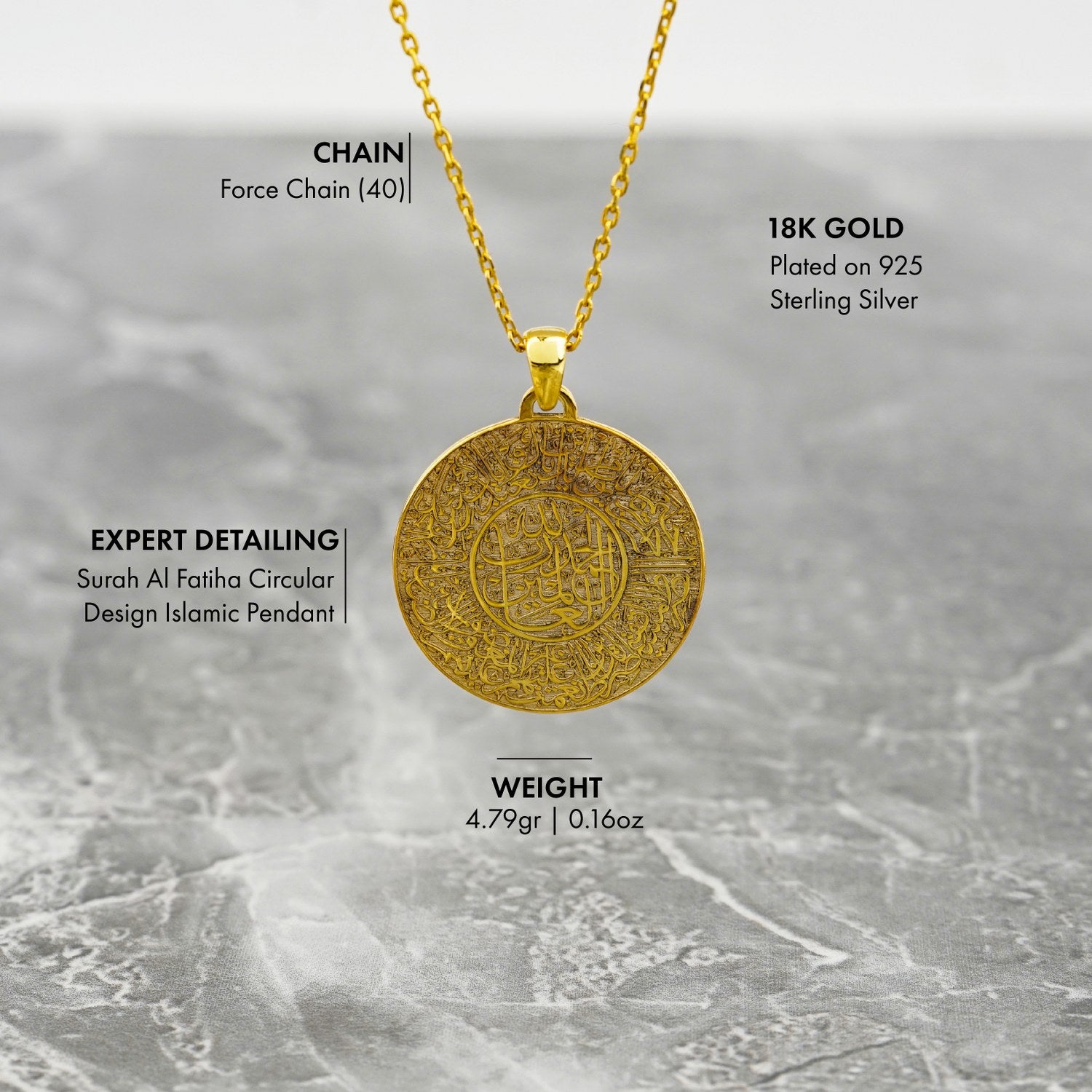 18K Gold Plated Silver Surah Fatiha Round Pendant - Islamic Jewelry for Women & Men - Perfect for Daily Wear, Prayer & Special Occasions