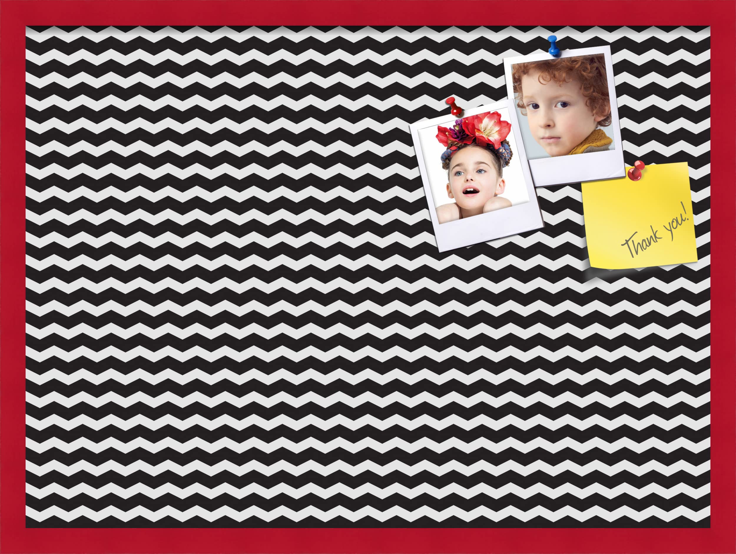 PinPix 30x22 Inch Cork Bulletin Board - Black & White Chevron Design with Red Beech Frame - Stylish Home Office Decor for Notes, Photos & Reminders - Perfect Wall Organizer for Kitchen, Bedroom or Workspace (PinPix-118)