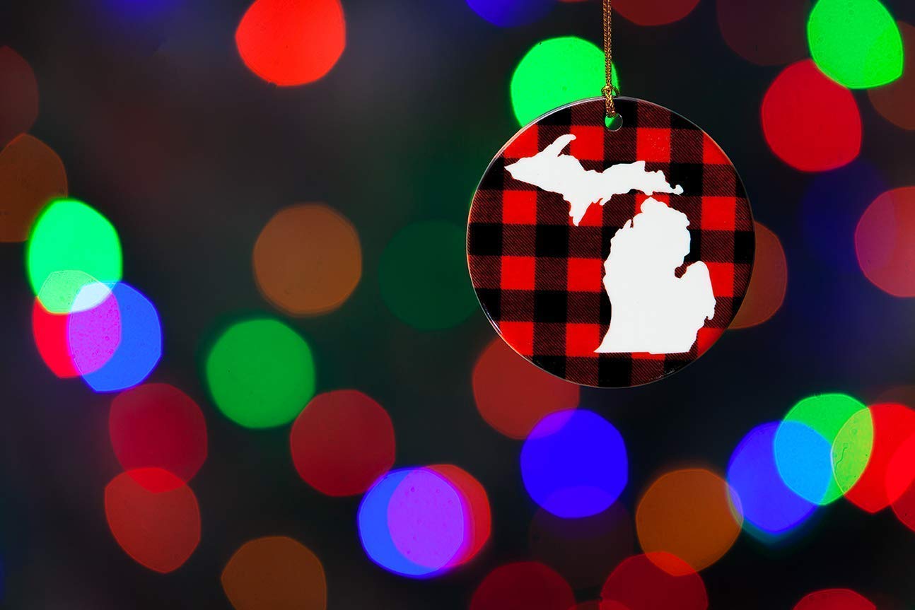 Red Black Plaid Michigan Christmas Tree Ornament - Handmade Holiday Decor for Xmas Tree, Gift & Home Decoration - Perfect for Christmas Parties, Family Gatherings & Festive Celebrations
