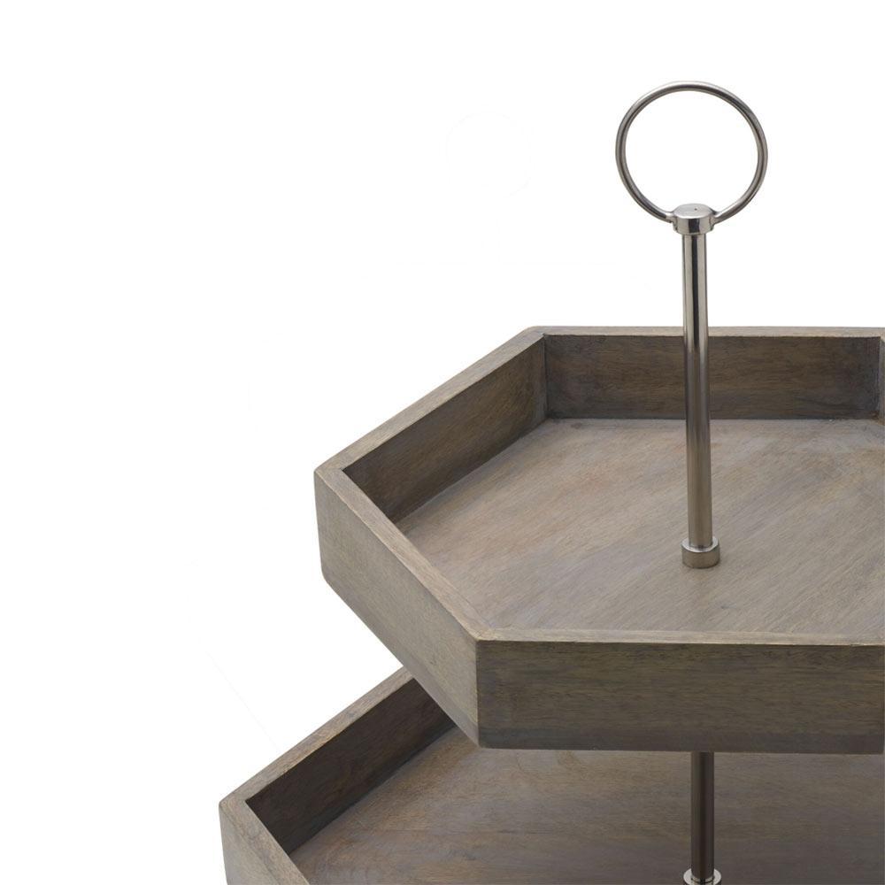 Hexagon 2-Tiered Mango Wood Serving Tray - Rustic Handmade Wooden Charcuterie Board for Cheese, Fruits & Appetizers - Perfect for Entertaining, Kitchen Decor & Gift Giving