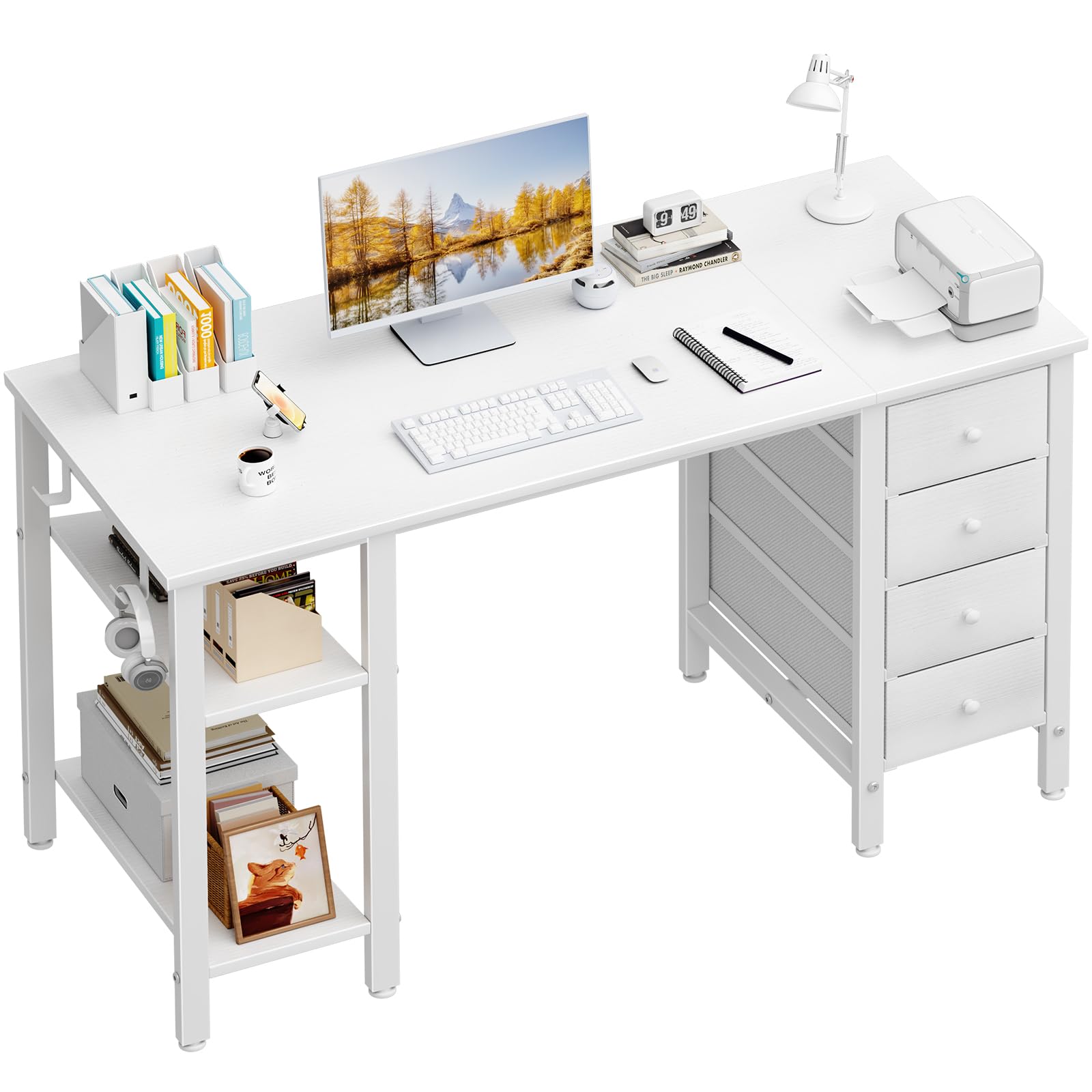 Lufeiya 47 Inch White Modern Study Desk with Drawers & Storage Shelves - Home Office Writing Table for Bedroom, Computer Workstation | Perfect for Small Spaces, Remote Work & Online Classes