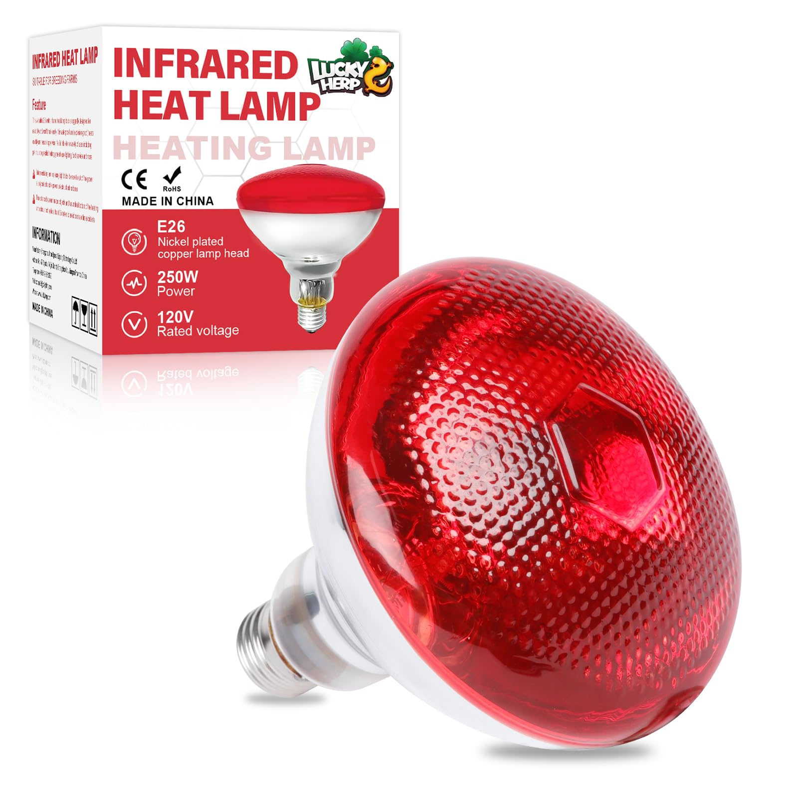 LUCKY HERP 250W Red Infrared Heat Lamp Bulb for Chicken Coop Brooder, Reptile Terrarium & Pet Warming - 1 Pack - Ideal for Poultry, Reptiles, and Food Service Heating