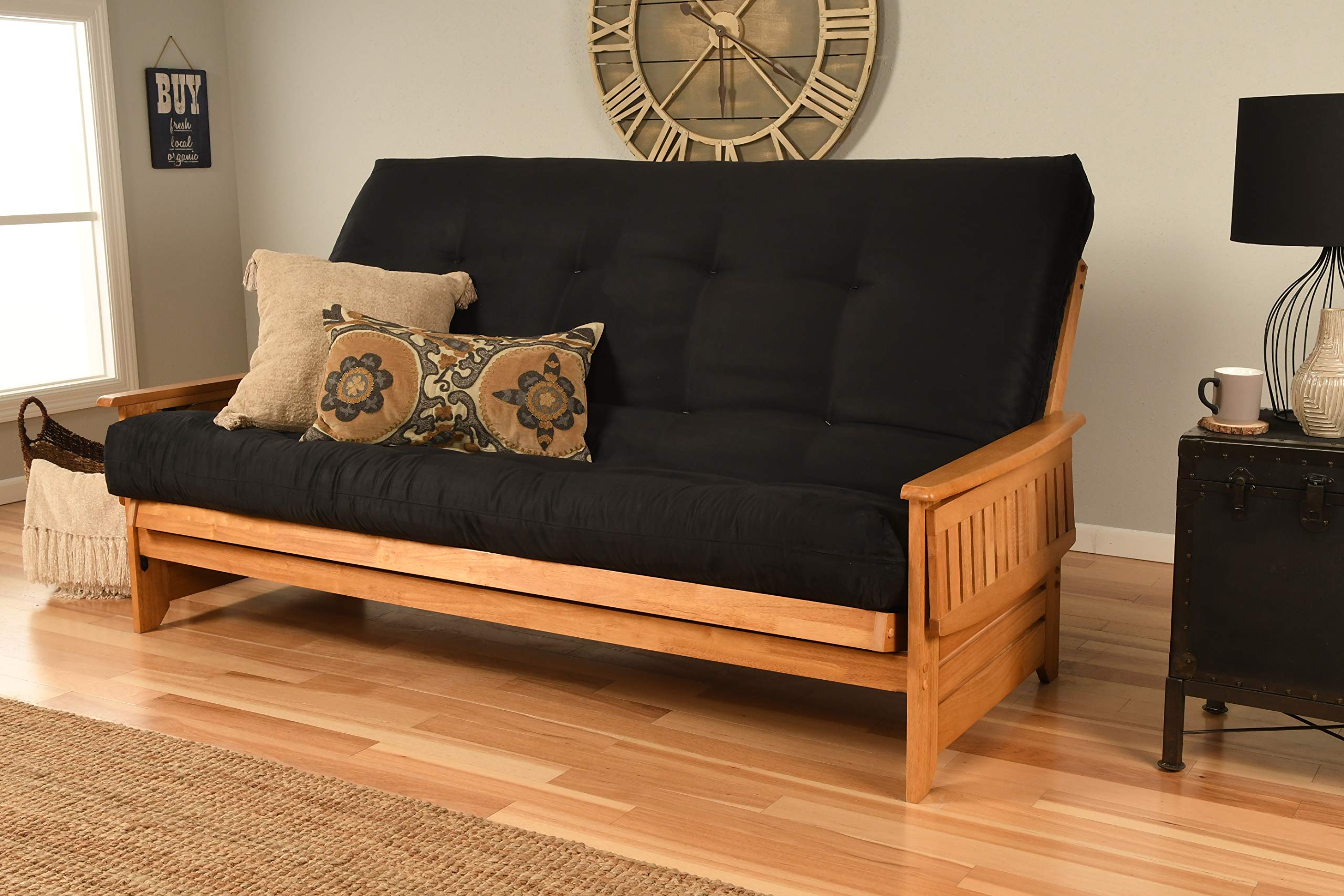 Kodiak Furniture Phoenix Queen Size Futon Set - Butternut Finish with Black Suede Mattress | Modern Sofa Bed for Small Spaces, Guest Rooms & Apartments