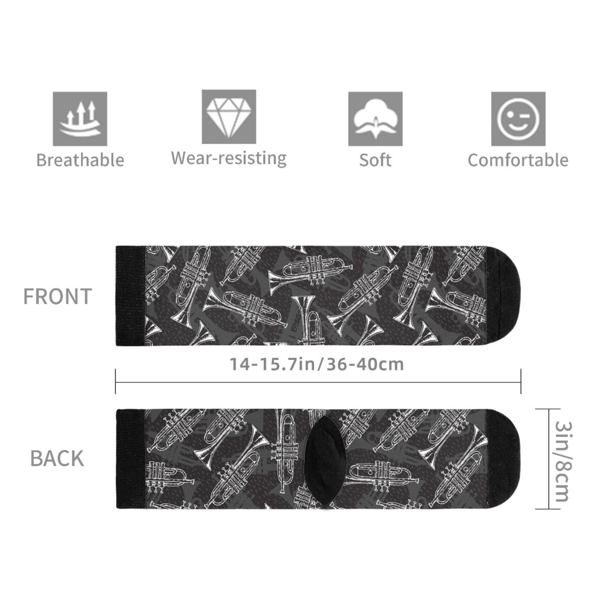 Fun Novelty Crazy Trumpet Sketch Crew Socks for Women & Men - Black & White Dress Socks - Perfect for Costume Parties, Music Performances & Unique Gifts