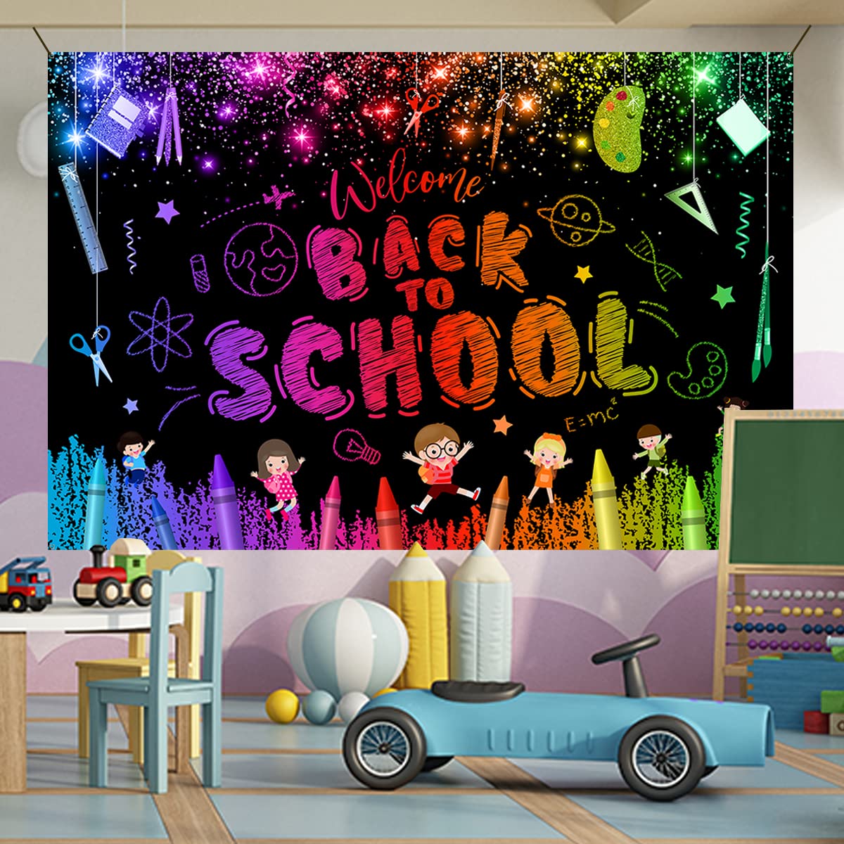 Welcome Back to School Backdrop - First Day of School Decorations for Preschool & Kindergarten Classroom | Black Background Banner for School Photos, Bulletin Boards & Classroom Parties