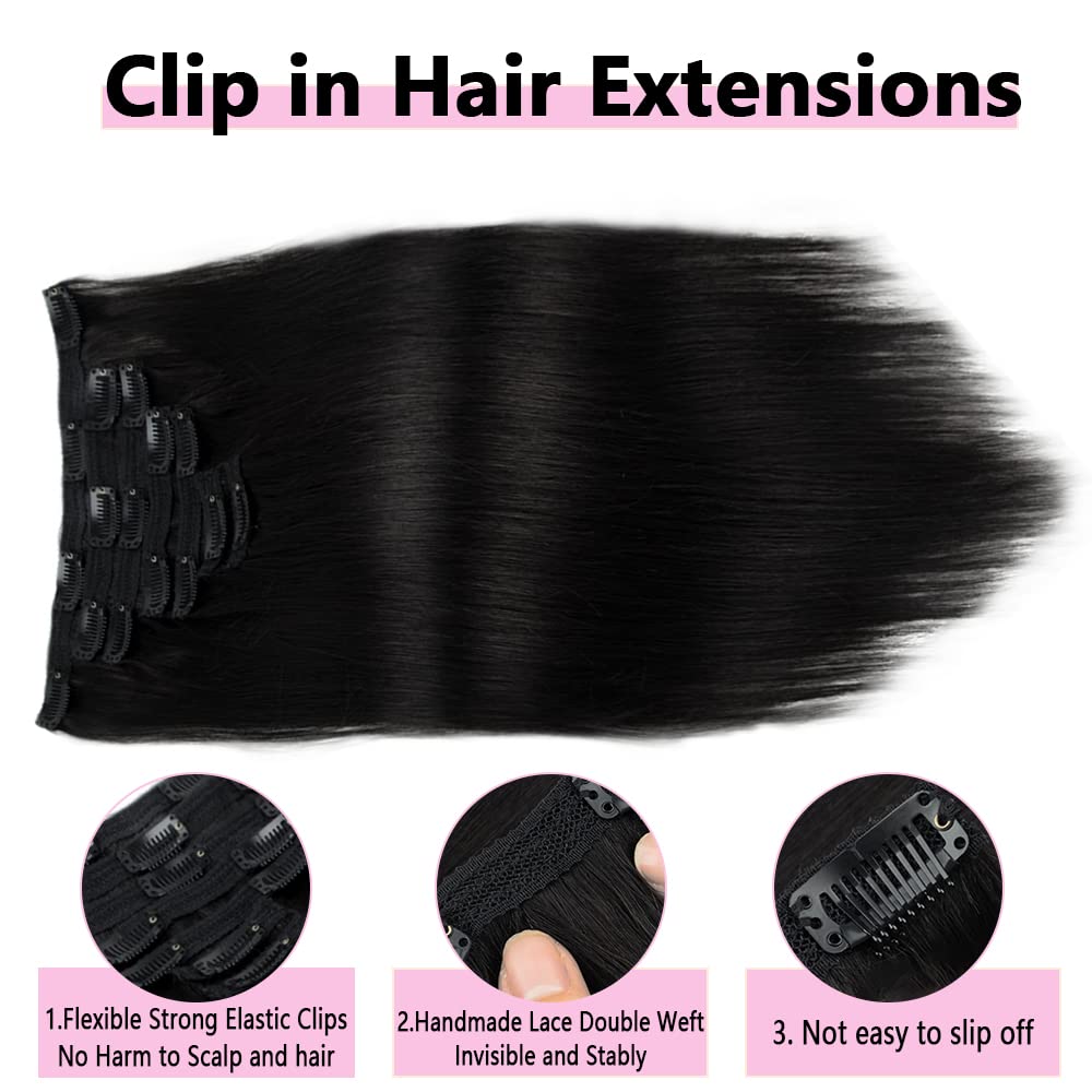 Clip in Human Hair Extensions 100g 7pcs - 16 Clips Silky Straight Remy Hair for Women | Double Weft Thick Natural Black (#1B) 24 Inch | Perfect for Daily Styling, Parties & Special Occasions