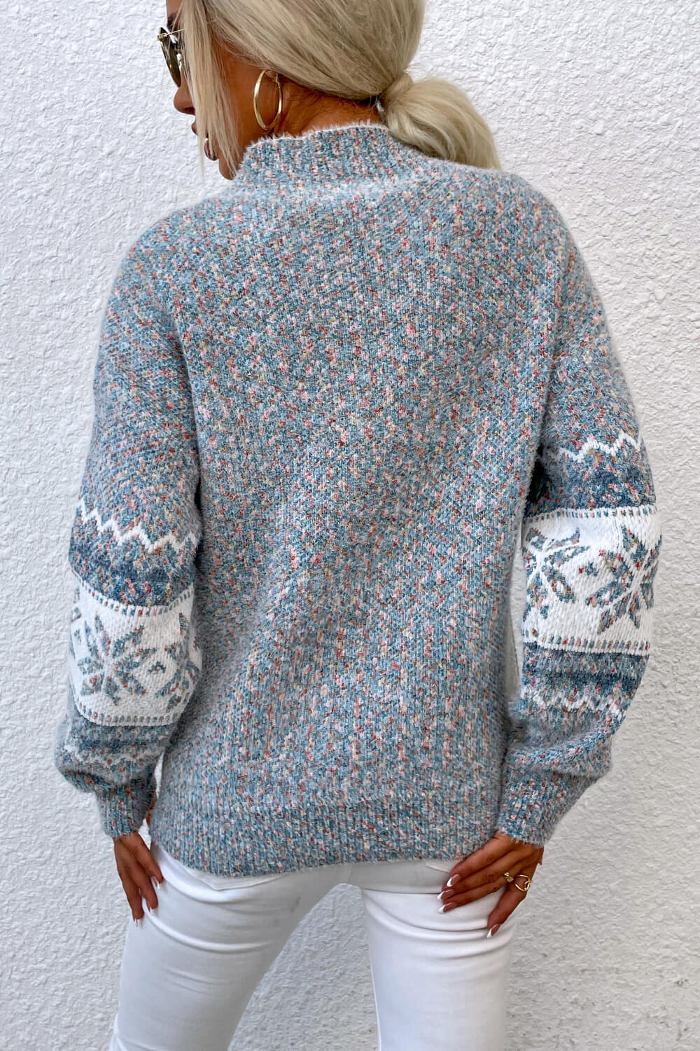Snowflake Pattern Mock Neck Alpine Sweater - Cozy Winter Pullover for Women | Perfect for Christmas, Skiing & Holiday Gatherings