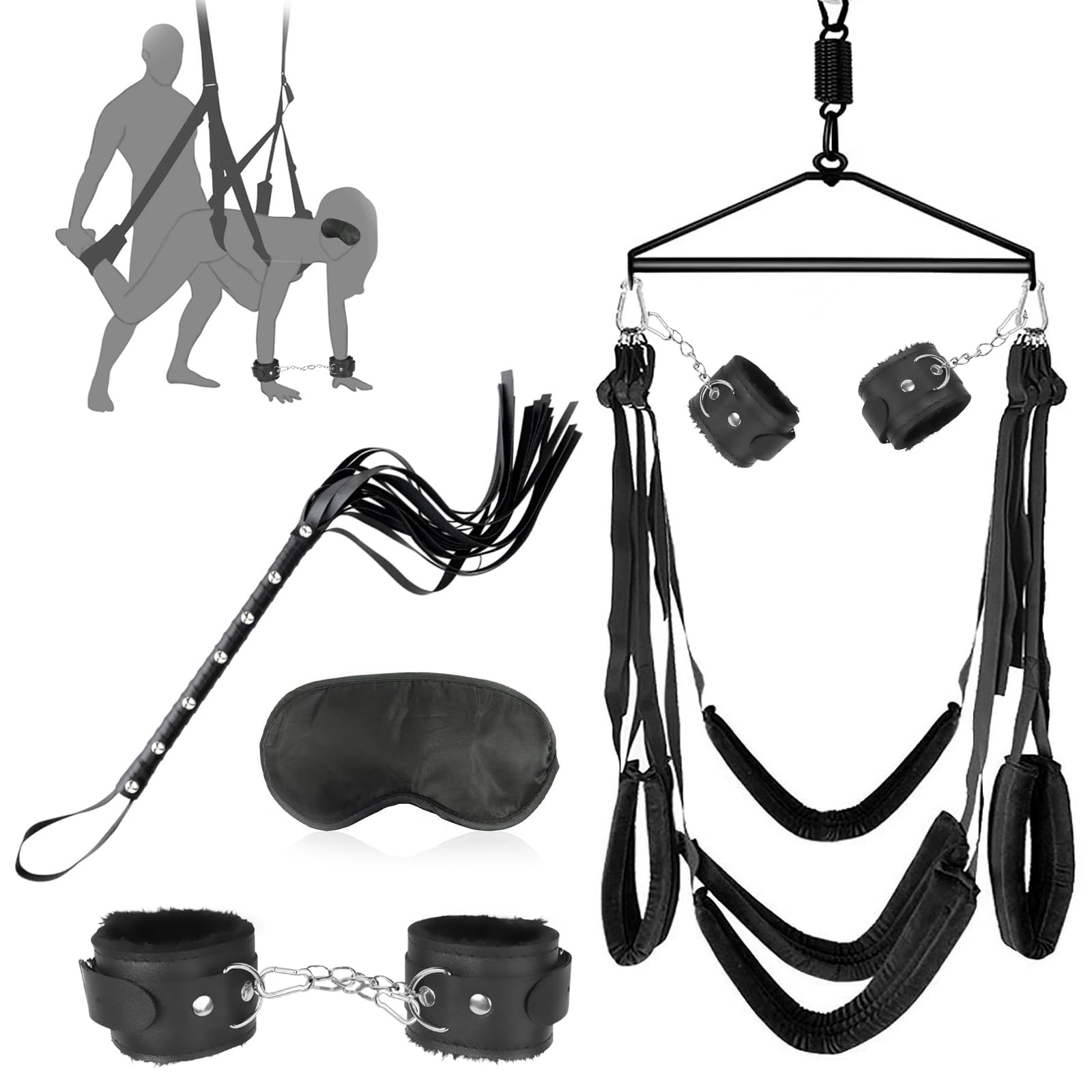 Premium Ceiling-Mounted Sex Swing for Couples - Extra Wide Padded BDSM Swing Set with 5 Accessories (Handcuffs, Whip, Blindfold) - Heavy Duty Sex Furniture Supports Up to 150kg - Perfect for Spicing Up Your Bedroom & BDSM Play