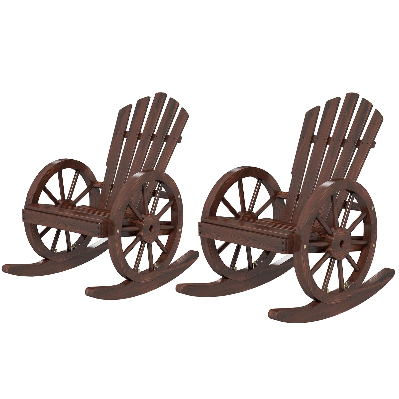 Kinbor Rustic Outdoor Rocking Chairs Set of 2 - Wooden Rocker Chairs with Oversized Back & Wagon Wheel Armrests for Porch, Patio, Lawn & Garden - Brown - Perfect for Relaxing in Backyard, Front Porch or Sunroom