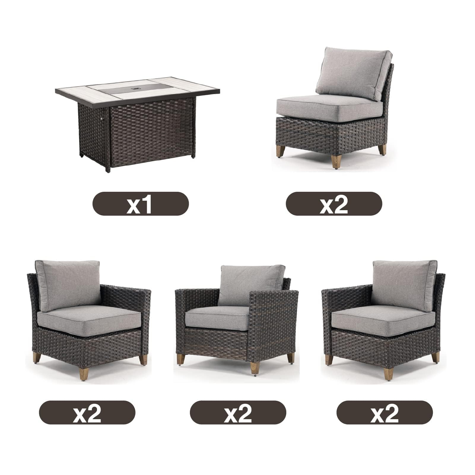 6-Piece Grand Patio Sofa Set with Fire Pit Table - PE Wicker Outdoor Sectional Sofa with Thick Cushions for Garden, Yard, Porch - Perfect for Backyard Gatherings & Fireplace Conversations