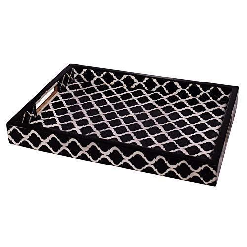 Handcrafted Bone Inlay Serving Tray - Decorative Wooden Ottoman Tray for Food, Breakfast in Bed | Black Home Decor Serving Platter | Perfect for Entertaining, Dining, and Gift Giving - Fairdeal Handicrafts