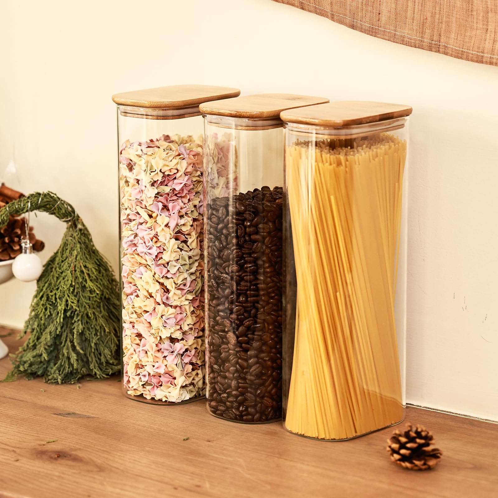 Liuruiyu 3-Piece Glass Storage Jars Set - Airtight Bamboo Lid Clear Food Containers for Kitchen Pantry | Perfect for Storing Candy, Cookies, Rice, Sugar, Flour & Pasta | Stackable Space-Saving Design for Organized Cabinets & Countertops