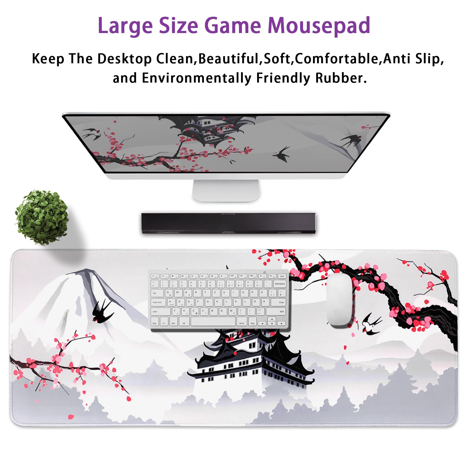 Japanese Cherry Blossom Gaming Mouse Pad - 31.5x11.8 Inch Large Pink Sakura Design, Non-Slip Rubber Base, Waterproof Surface with Stitched Edges - Perfect for Gaming, Office Work & Home Computer Setup