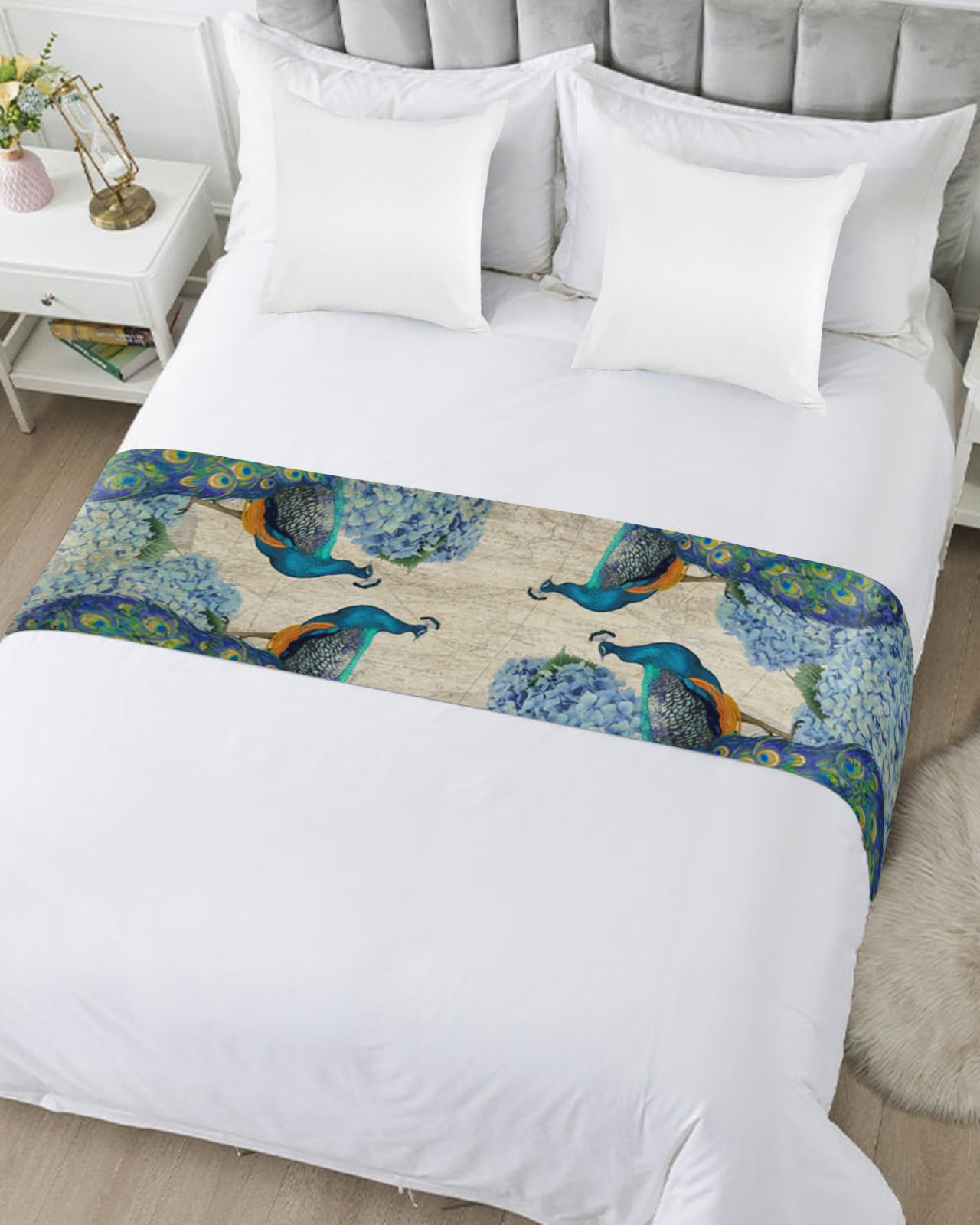 Smile Sunflower Bed Runner Scarf - Rustic Peacock Decorative Bedding Cover for King Size Beds (102x20 inches) - Perfect for Home, Bedroom, Hotel & Wedding Room Decor - Adds Elegance to Foot of Bed