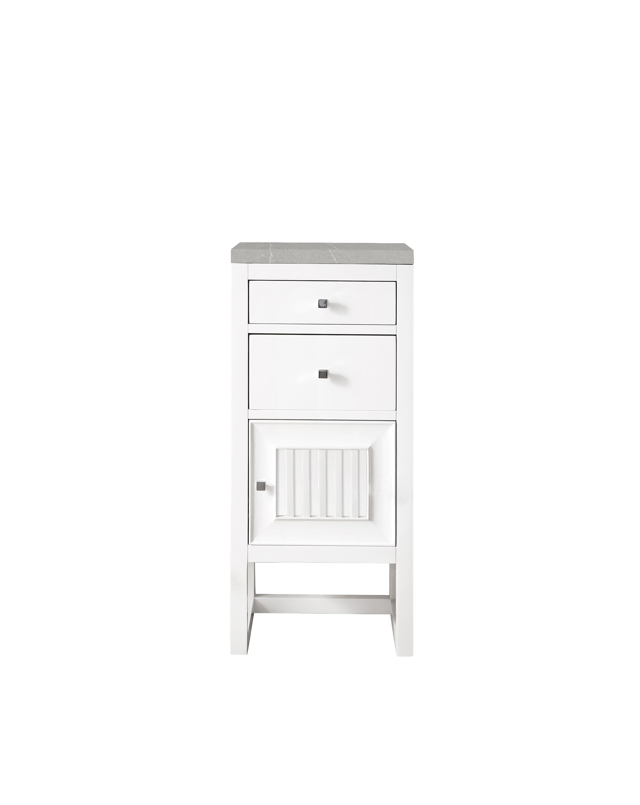 Athens 15-Inch White Glossy Cabinet with Drawers & Door - 3CM Eternal Serena Top for Kitchen, Bathroom, or Office Storage Organization