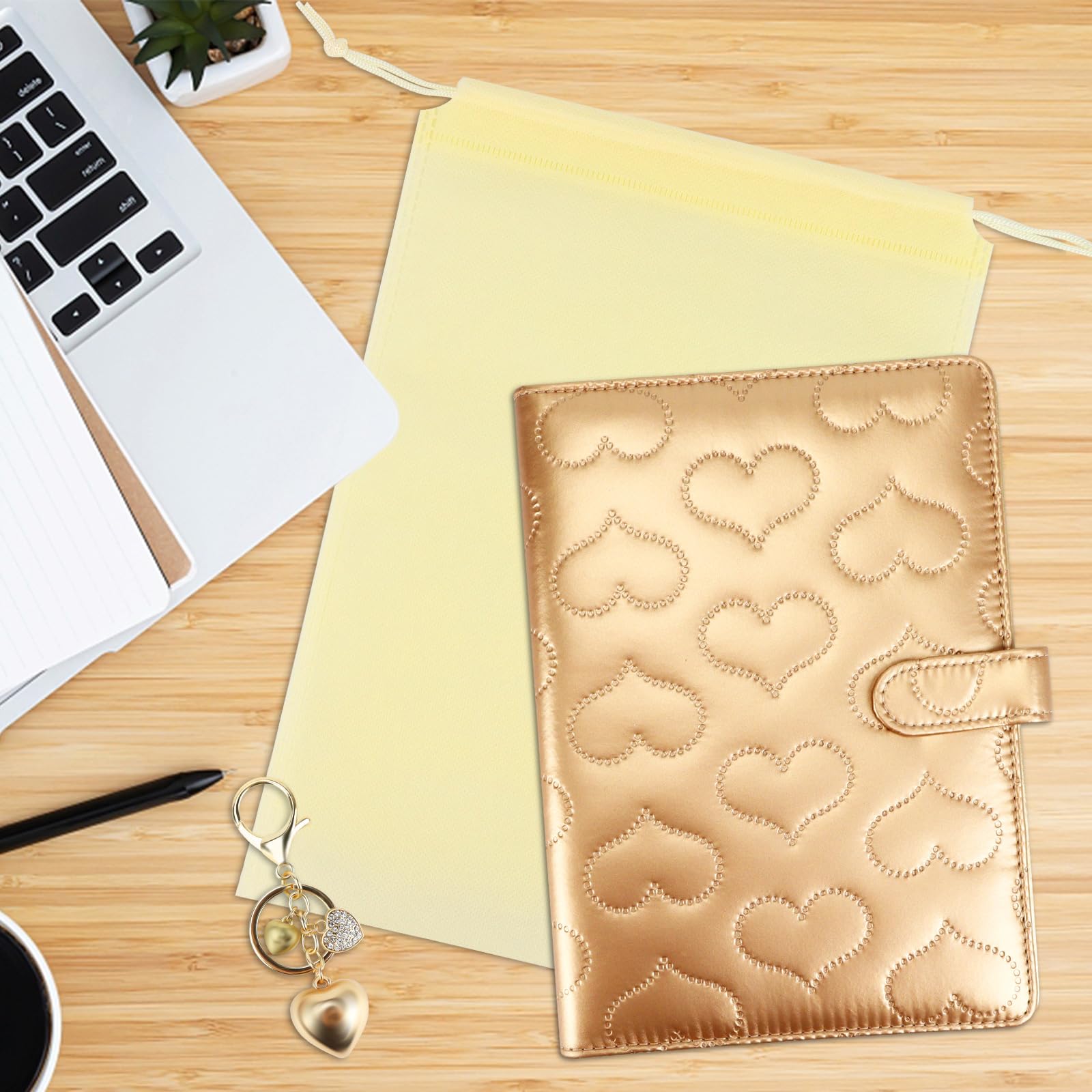 Premium A5 PU Leather Notebook Binder with 6-Ring Cotton Padding, Magnetic Buckle Closure & Gold Keychain - Refillable Planner for Budgeting, Journaling & Office Organization (Gold, A5 Size) - Perfect for Work, School & Personal Planning