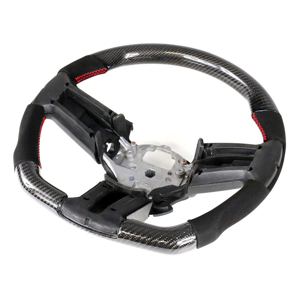FREEMOTOR802 Carbon Fiber Racing Steering Wheel Replacement for 2010-2014 Ford Mustang - Synthetic Suede with Red Stitching | Upgrade Your Ride for Track Days & Street Performance