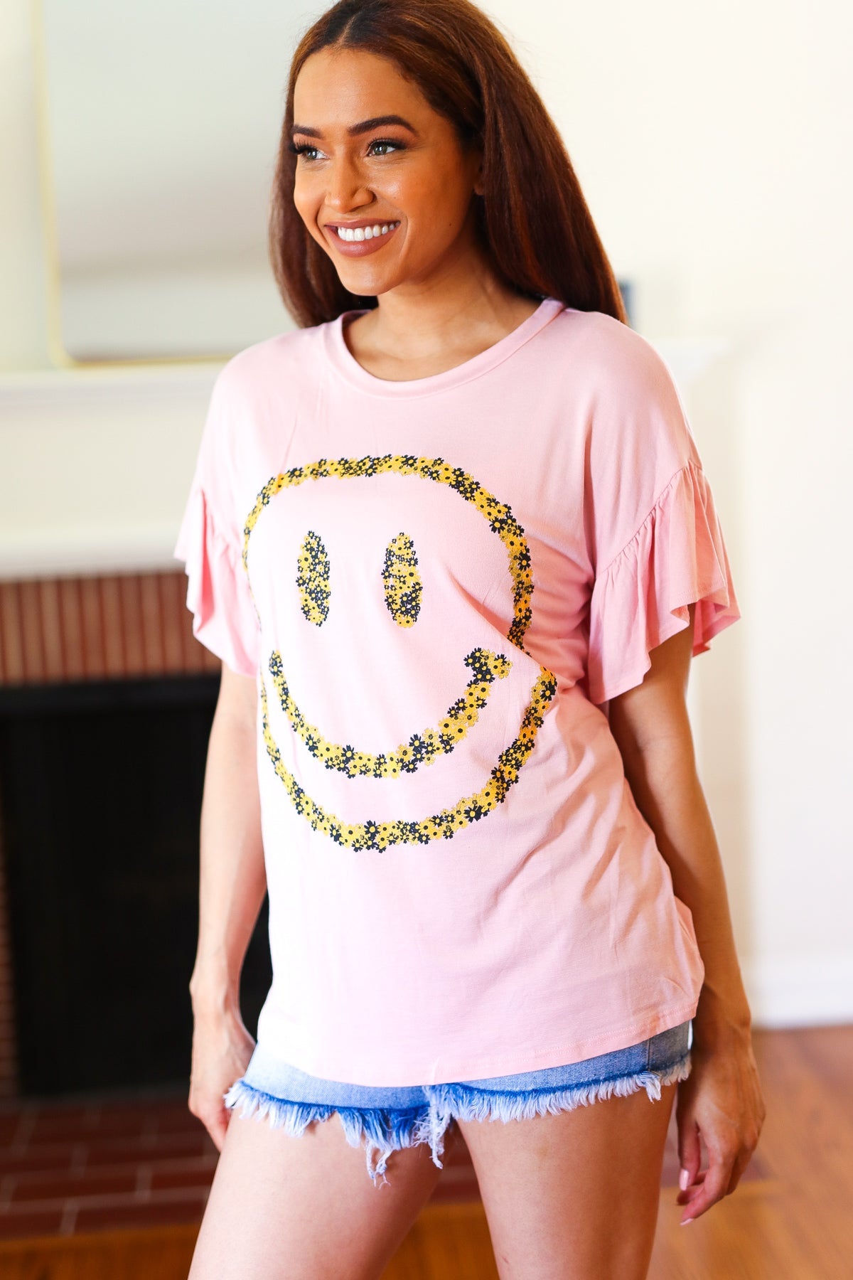 Live For Today Pink Floral Smiley Face Flutter Sleeve Tee - Women's Cute Graphic T-Shirt for Casual Wear, Summer Outfits & Street Style Fashion