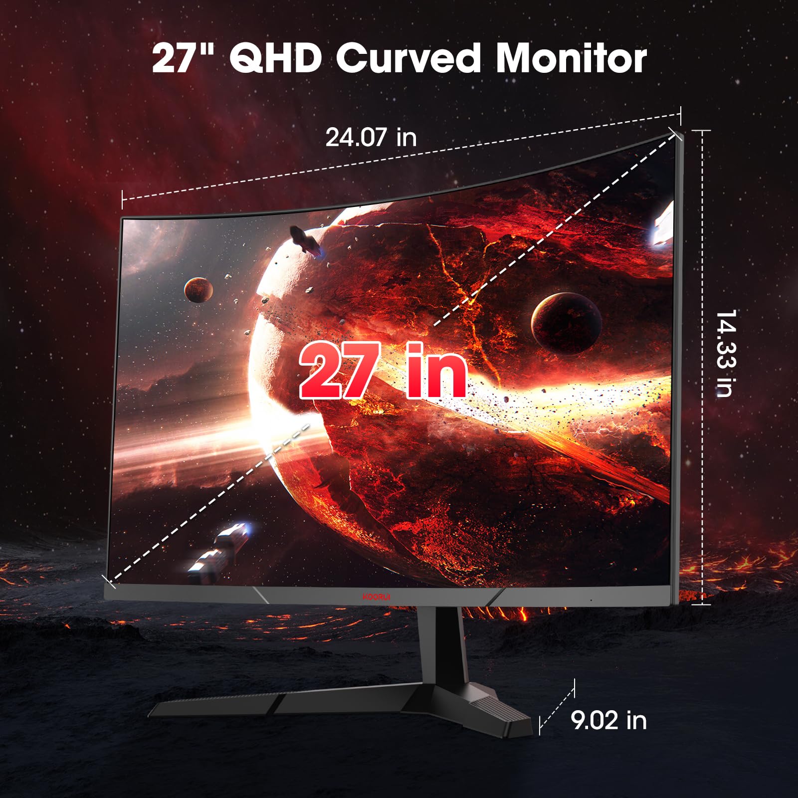 KOORUI 27 Inch Curved Gaming Monitor - QHD 2560x1440, 180Hz Refresh Rate, 1ms Response Time, AMD FreeSync, HDR10, VESA Mount, DisplayPort & HDMI Ports - Perfect for Esports, PC Gaming, and Home Office Setup
