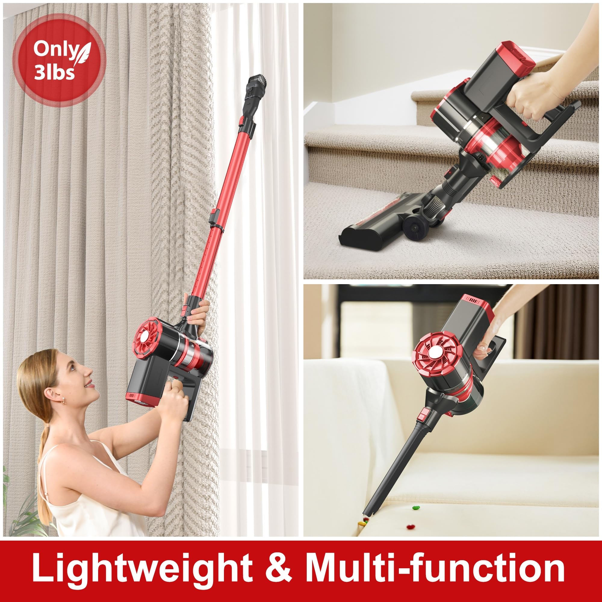 W100 Cordless Vacuum Cleaner - Powerful 6-in-1 Stick Vacuum with 35min Runtime, Detachable Battery & Quiet Operation - Lightweight for Hardwood Floors, Carpets & Pet Hair (Red) - Perfect for Home Cleaning, Quick Pickups & Pet Owners