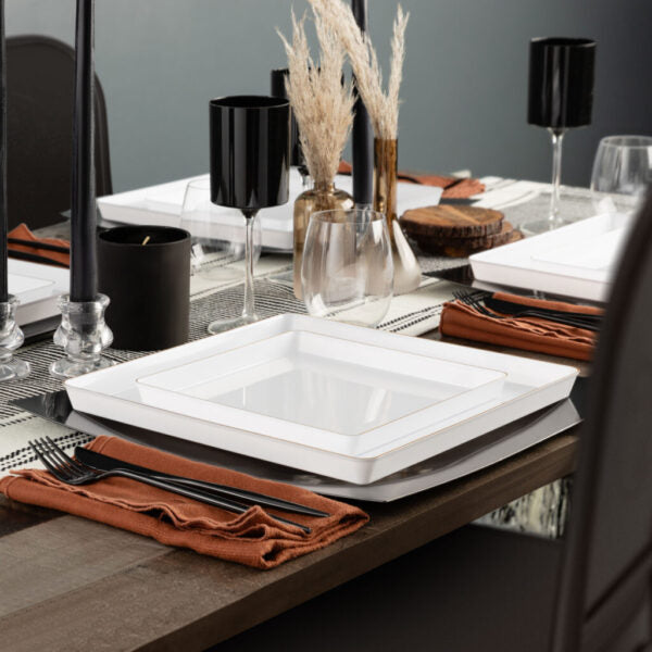 20-Piece White and Gold Square Plastic Dinnerware Set - Elegant Disposable Plates, Bowls, Cups & Cutlery for 10 Guests - Perfect for Weddings, Parties, and Outdoor Events