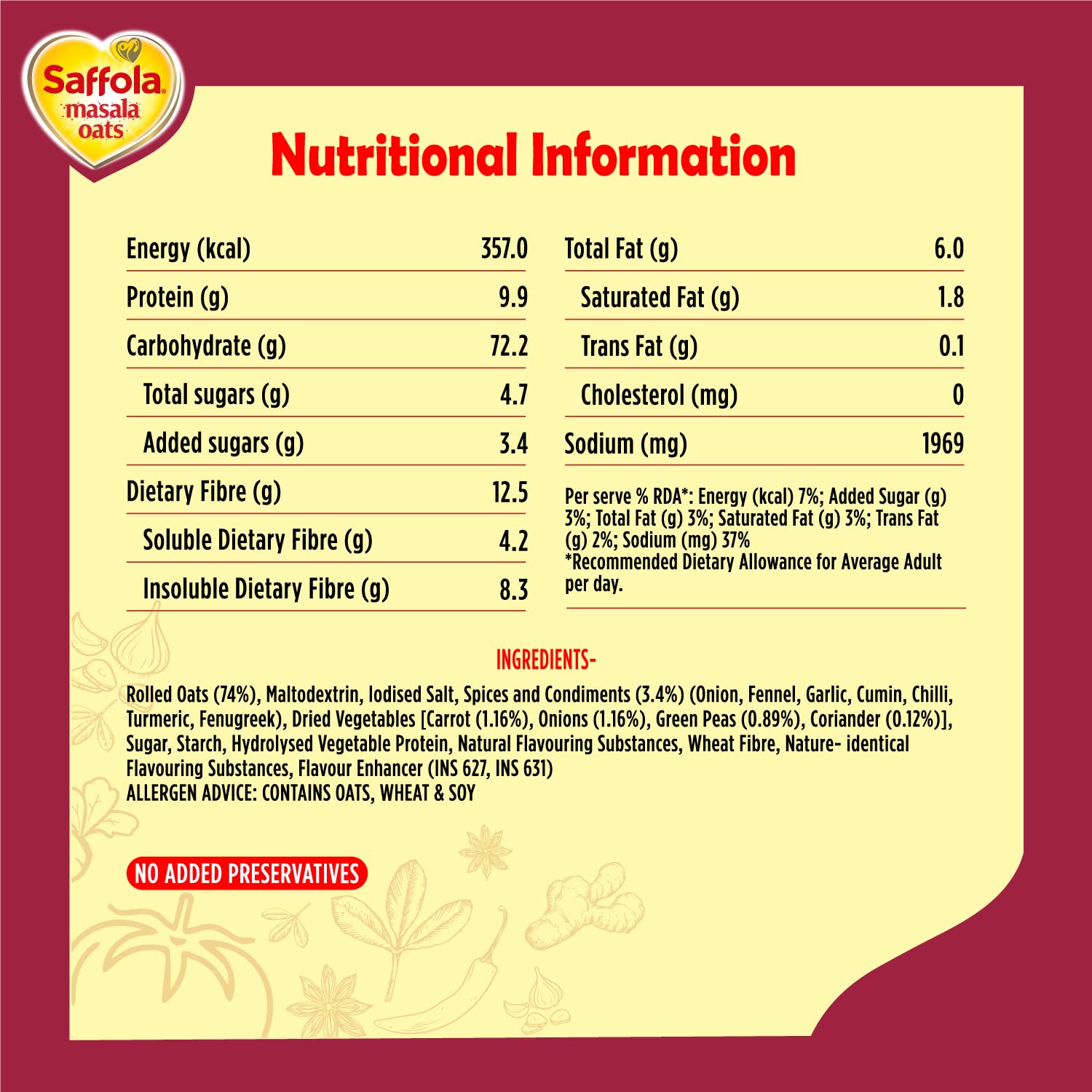 Saffola Masala Oats - Spiced Coriander Flavor - 39g (1.37oz) - Vegetarian Instant Oatmeal from India - Perfect for Breakfast, Snacks & Healthy Lifestyle