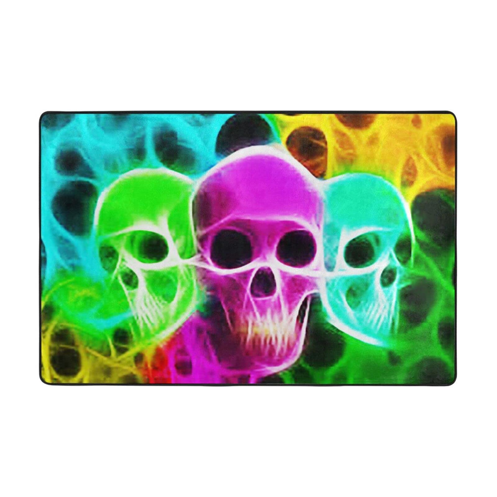 Neon Skulls Area Rug - Non-Slip Doormat & Floor Mat for Living Room, Entrance - 4x6ft Home Decor - Perfect for Halloween Party, Man Cave & Gothic Style Bedroom