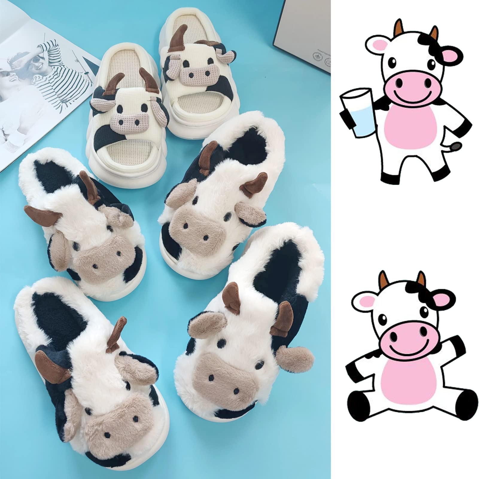 Women's Cute Cow Slippers - Fuzzy Warm Animal House Shoes with Non-Slip Sole | Cozy Teddy Dog & Plush Cow Design | Soft Indoor/Outdoor Slides for Home, Lounge & Backyard Comfort