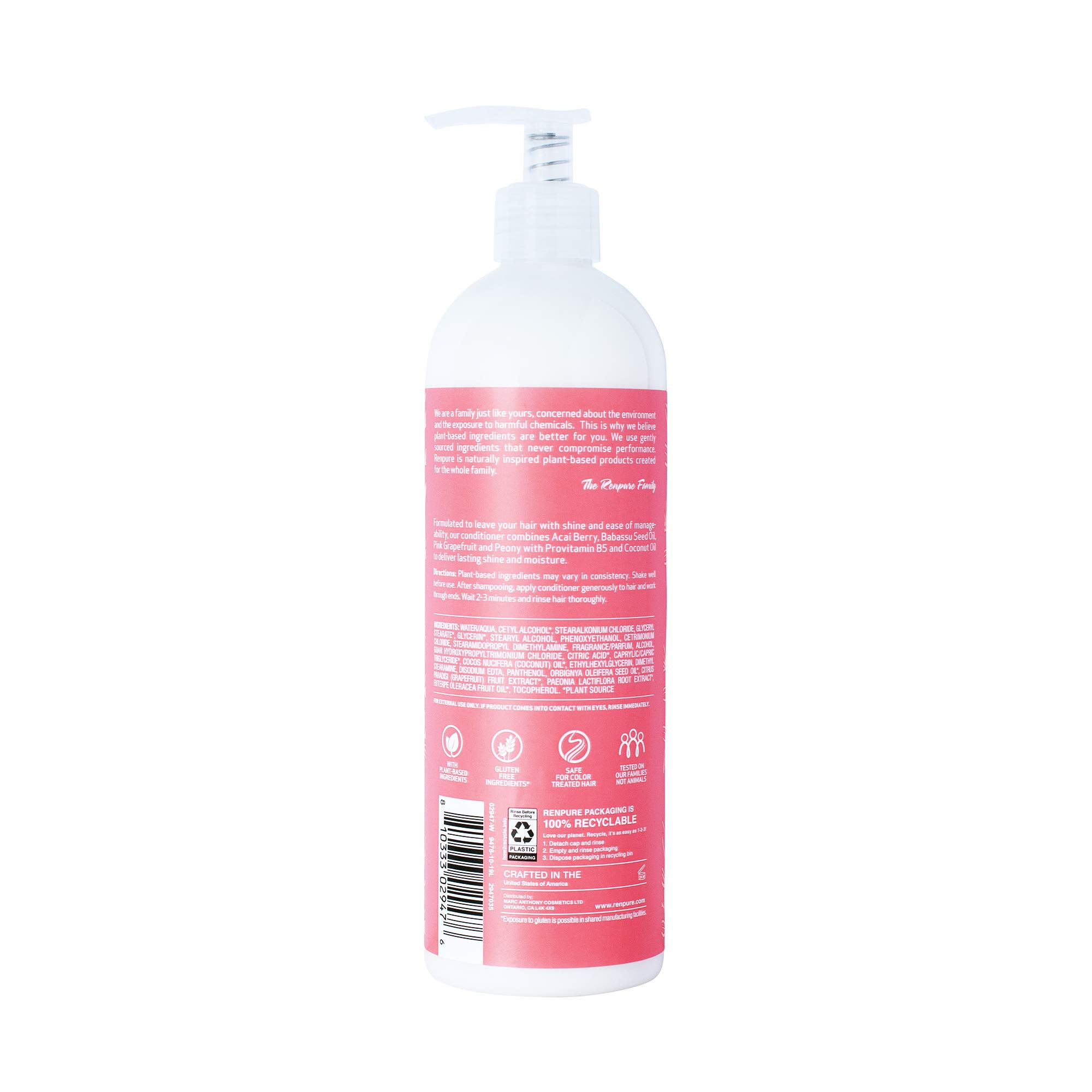 Renpure Plant-Based Beauty Pink Grapefruit & Peony Conditioner - 16 oz | Sulfate-Free, Vegan Hair Care for Dry & Damaged Hair | Perfect for Daily Use & Salon-Like Results at Home