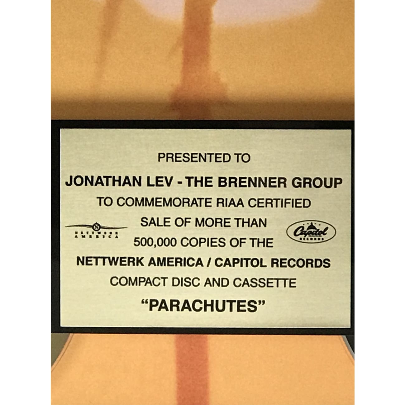 Coldplay Parachutes RIAA Gold Album Award - Certified Music Collectible for Fans & Display