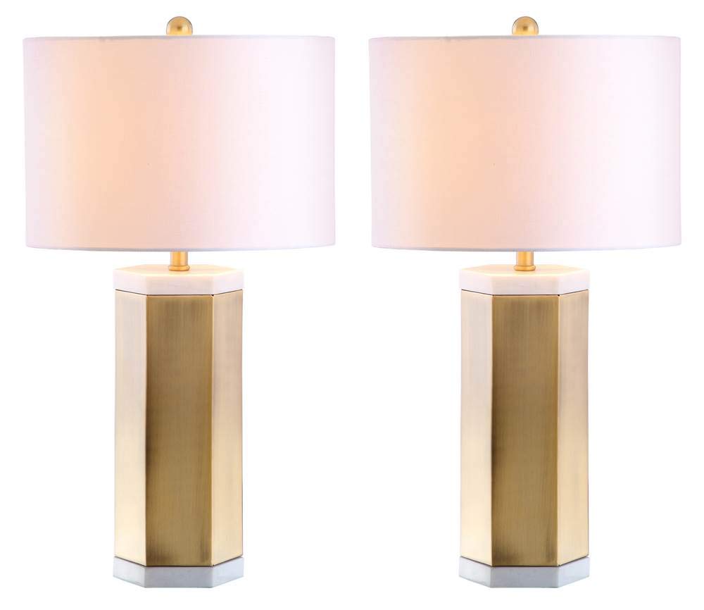 SAFAVIEH Alya 28-inch Table Lamp Set of 2 - White & Brass Gold Finish with LED Bulbs Included - Perfect for Bedroom, Living Room, Home Office & Nightstand Lighting