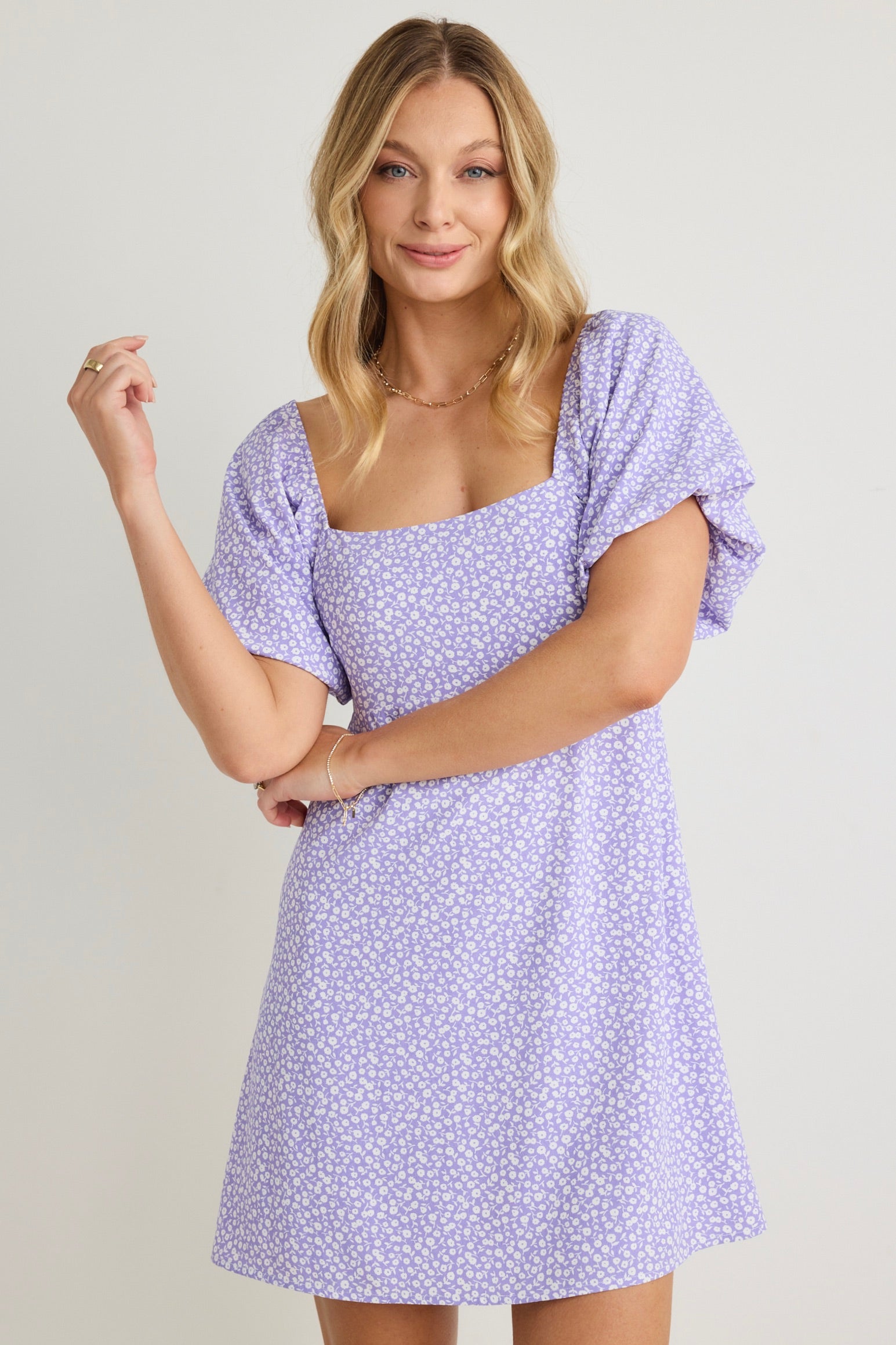 Mayhem Lilac Ditsy Floral Print Square Neck Puff Sleeve Mini Dress - Perfect for Summer Parties, Weddings & Date Nights