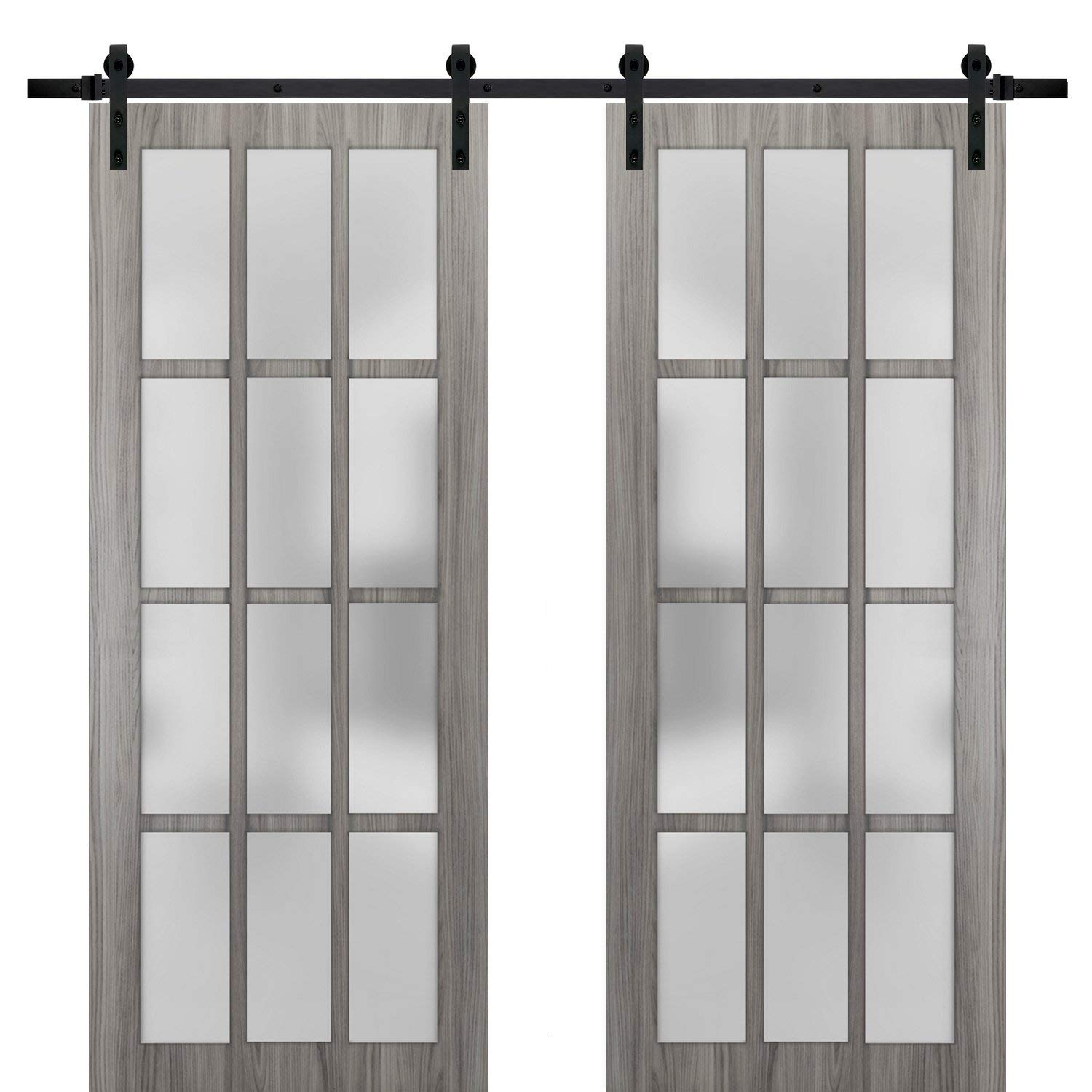 Felicia 3312 60x84 Inch Double Barn Door with Frosted Glass 12 Lites - Ginger Ash Gray Finish | Top Mount 13FT Rail Hangers | Heavy Duty Solid Panel Interior Doors for Bedroom, Closet & Farmhouse Style Homes
