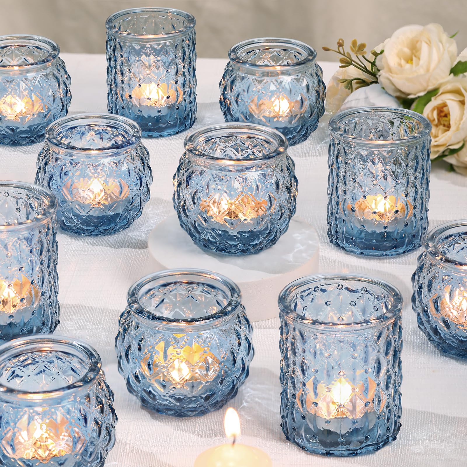 Blue Glass Votive Candle Holders Set of 24 - Bulk Round Tea Light Holders for Wedding, Home Decor, Party & Gifts | Perfect for Centerpieces, Table Settings & Romantic Ambiance