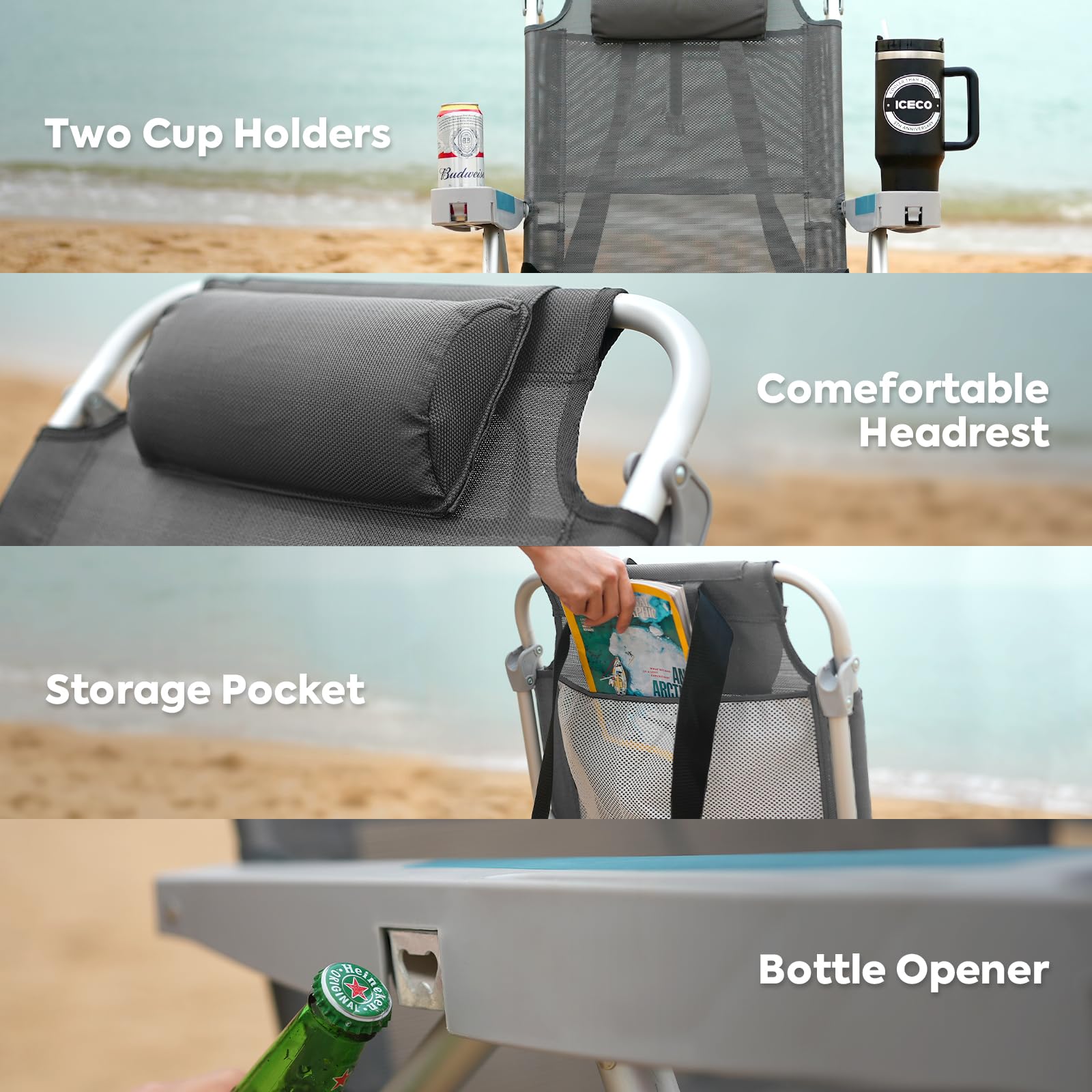 ICECO Heavy Duty Folding Beach Chair for Adults - 5 Position Reclining Portable Outdoor Chair with Cup Holder - 350lb Capacity for Beach, Camping, Lawn, Picnic, Backyard & Travel