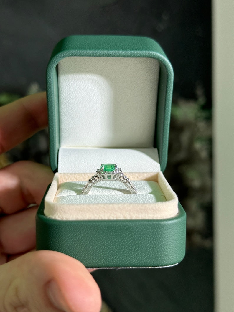 1.55tcw 14K Gold Vivid Green Cushion Cut Emerald & Round Baguette Diamond Halo Engagement Ring - Perfect for Proposals, Anniversaries & Bridal Jewelry