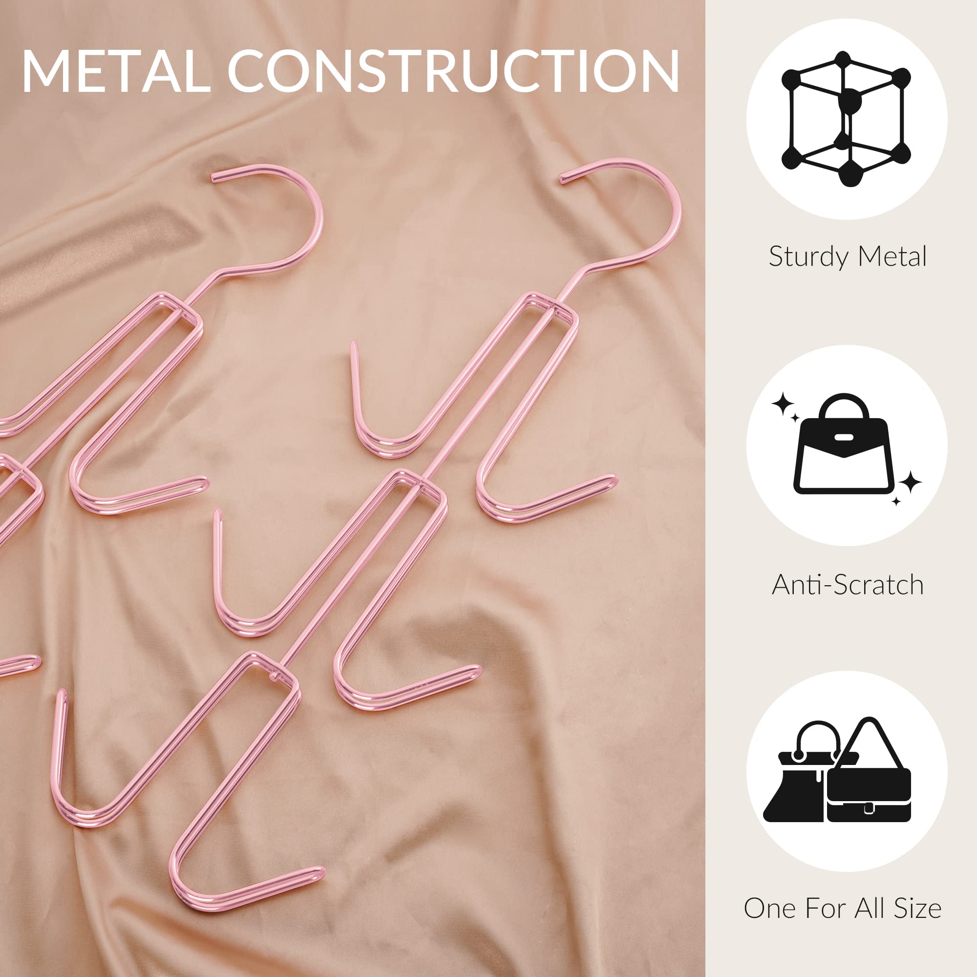 ZEDODIER 4-Pack Metal Purse Hanger Organizer for Closet - Space Saving Handbag & Backpack Storage Hook Rack to Keep Purses Visible & Protected (Pink) - Perfect for Bedroom, Walk-In Closet & Dorm Organization