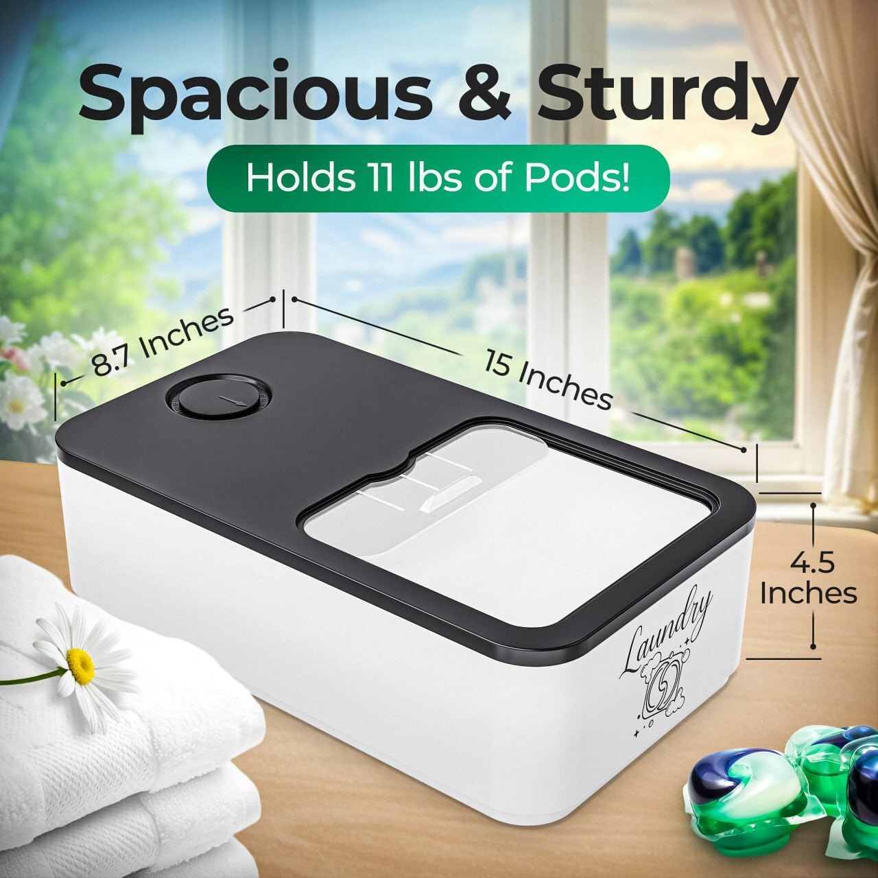 Skywin Laundry Detergent Pod Storage Container with Slide Lid - 15 x 8.7 x 4.5 Inches - Holds 11 lbs or 120-150 Pods - Black with Print - Perfect for Laundry Room Organization & Pod Storage