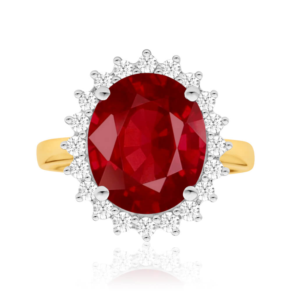 9ct Yellow Gold 8ct Natural Enhanced Ruby & 1/2 Carat Diamond Ring for Women - Elegant Wedding, Engagement & Anniversary Jewelry Gift