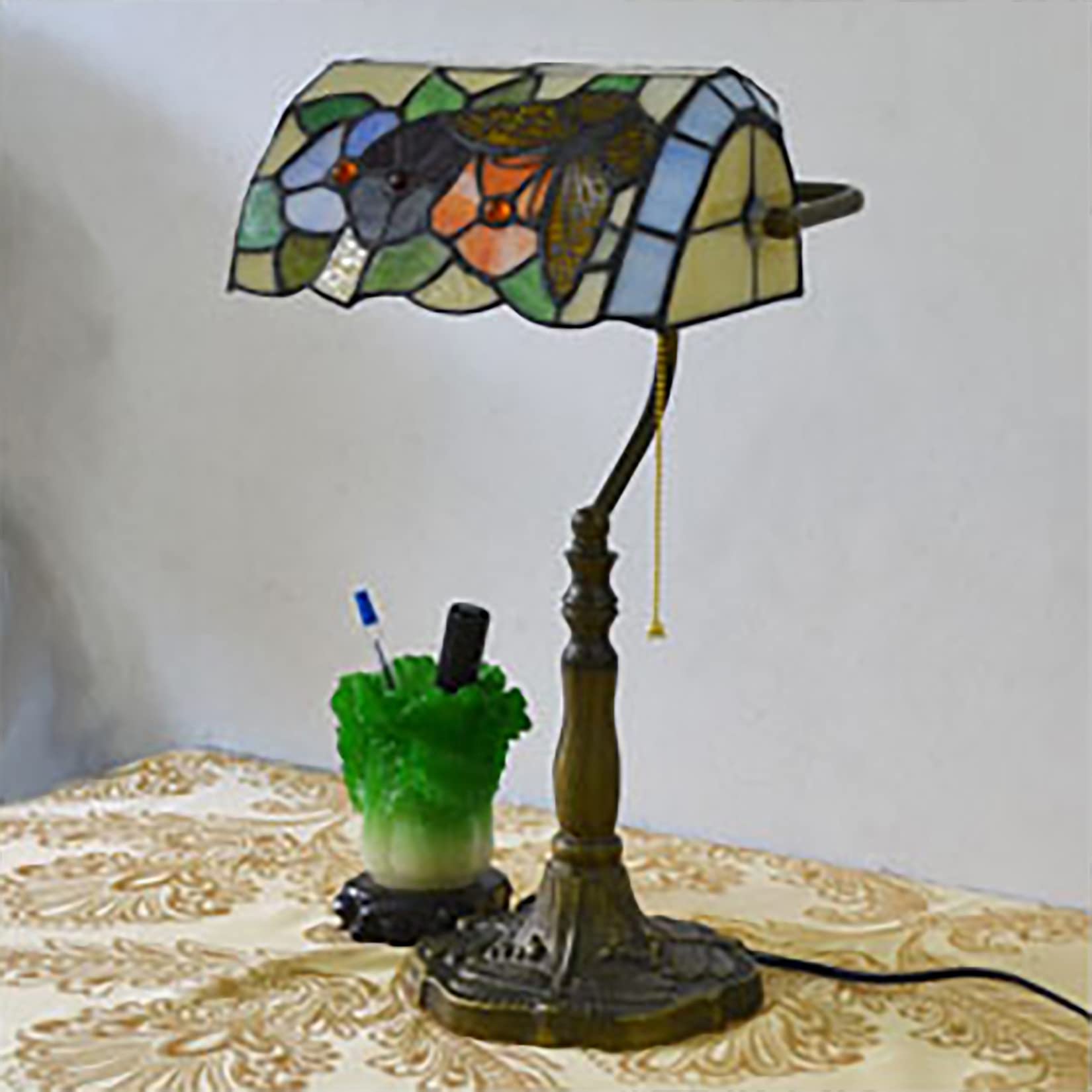 Tiffany-Style Bankers Table Lamp - Handmade Stained Glass Butterfly Flower Shade Desk Light with Zipper Switch & Round Alloy Base | Perfect for Home Office, Bedroom Nightstand, Reading Nook & Gift Giving (Dragonfly Resin Base)