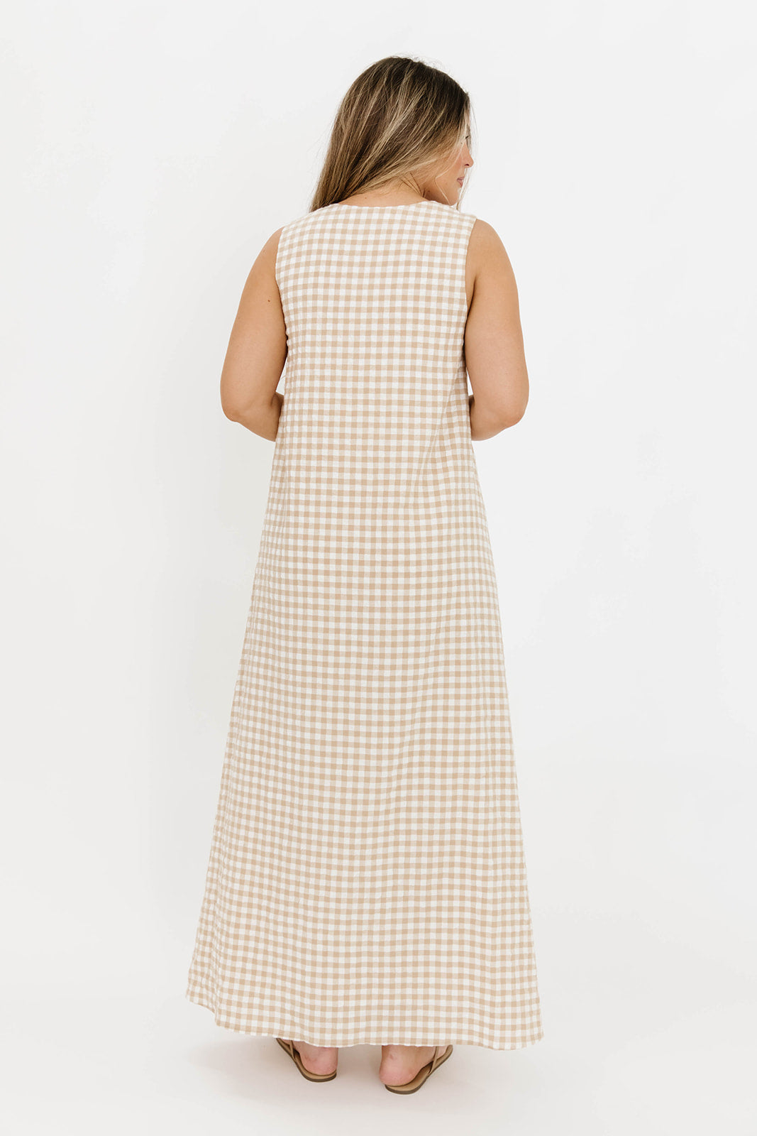 Ruthie Gingham Maxi Dress in Honey - Flowy Summer Dress for Women, Boho Chic Long Dress with Pockets, Perfect for Beach, Vacation & Outdoor Events
