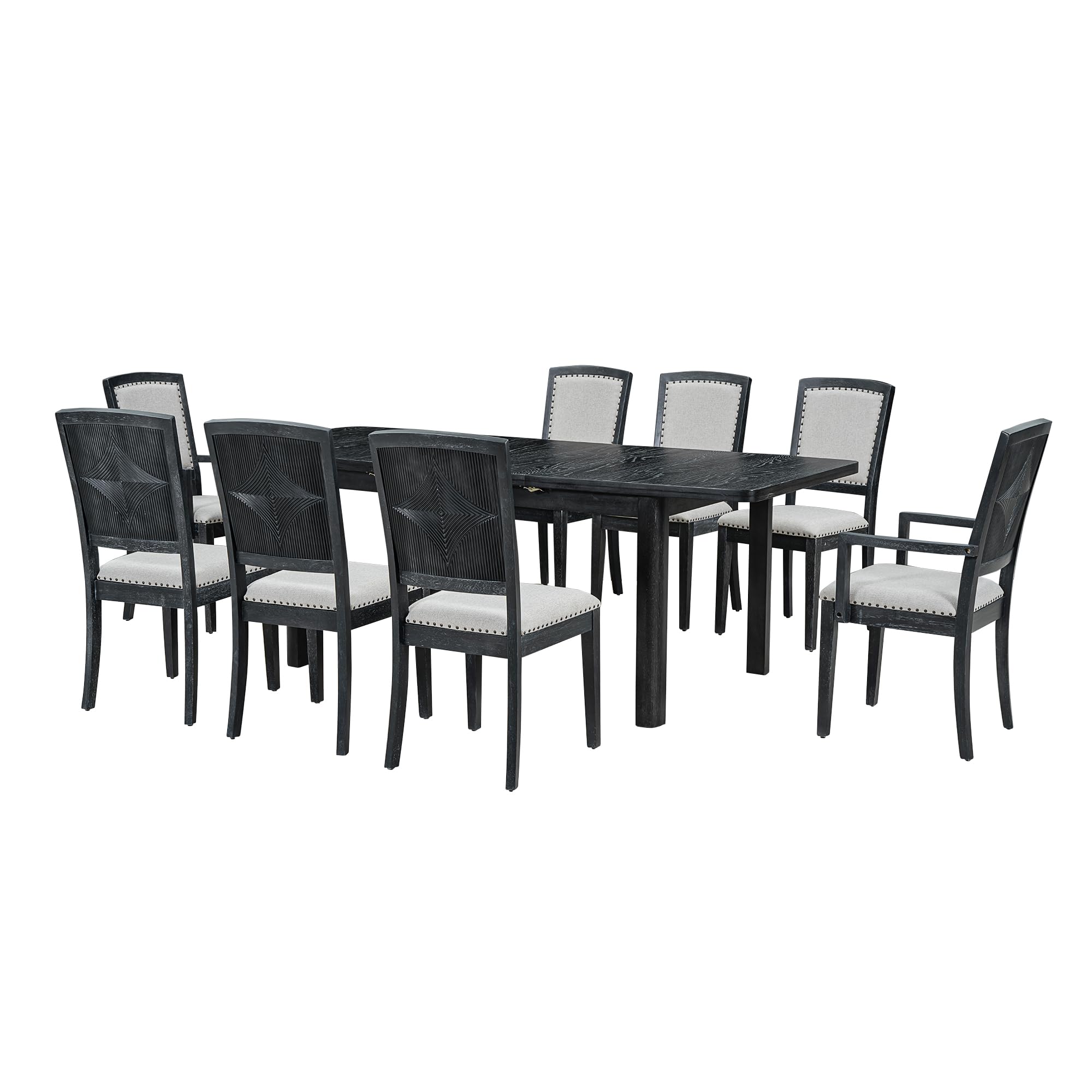 Rustic Extendable 9-Piece Dining Table Set with Removable Leaf - 6 Armless & 2 Padded Arm Chairs - Black Farmhouse Kitchen Furniture for Family Gatherings and Dinner Parties