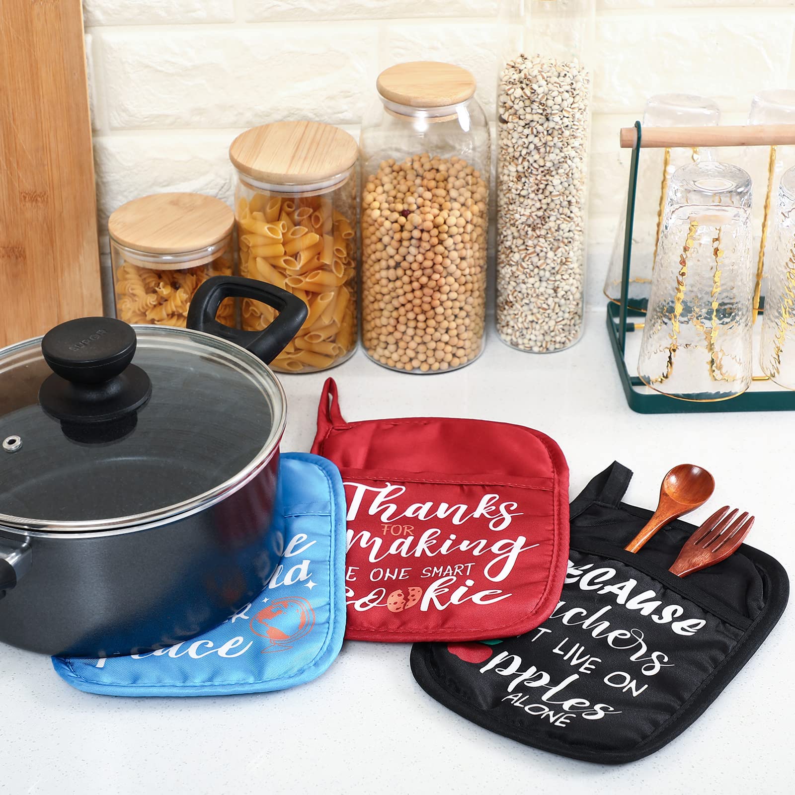 6-Piece Funny Teacher Appreciation Gift Set - Heat Resistant Oven Mitts with Hand Pocket & Hanging Loop - Perfect for Teachers, Women & Cookie Baking Enthusiasts - Ideal for Classroom Gifts, Teacher Week & Holiday Presents
