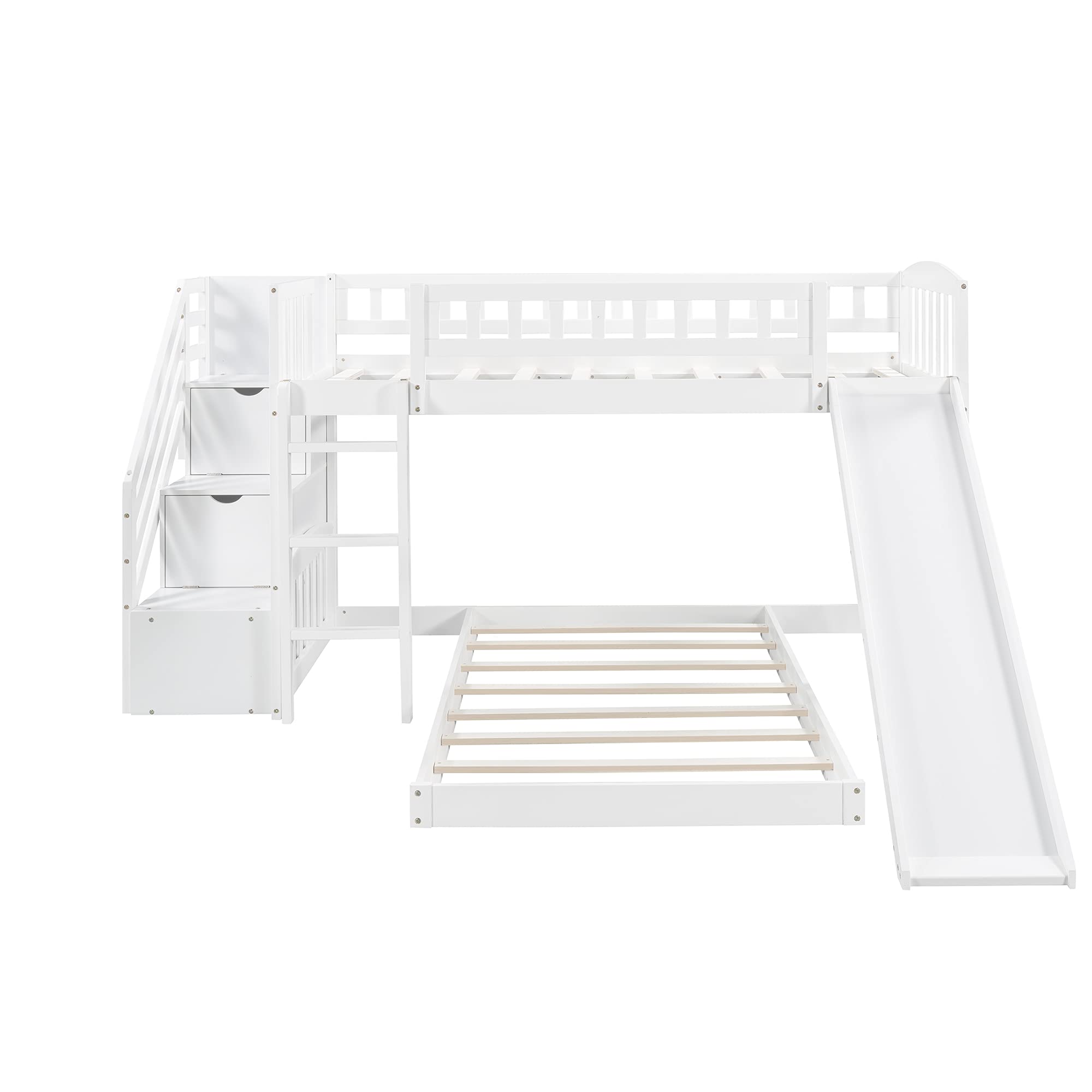 Harper & Bright Designs Twin Over Twin Bunk Bed with Slide, Stairs & Storage Drawers - Solid Wood Low Bunk Bed with Guardrails for Kids & Teens - Space-Saving Bedroom Furniture for Small Rooms, Sleepovers & Guest Rooms (White, No Box Spring Needed)