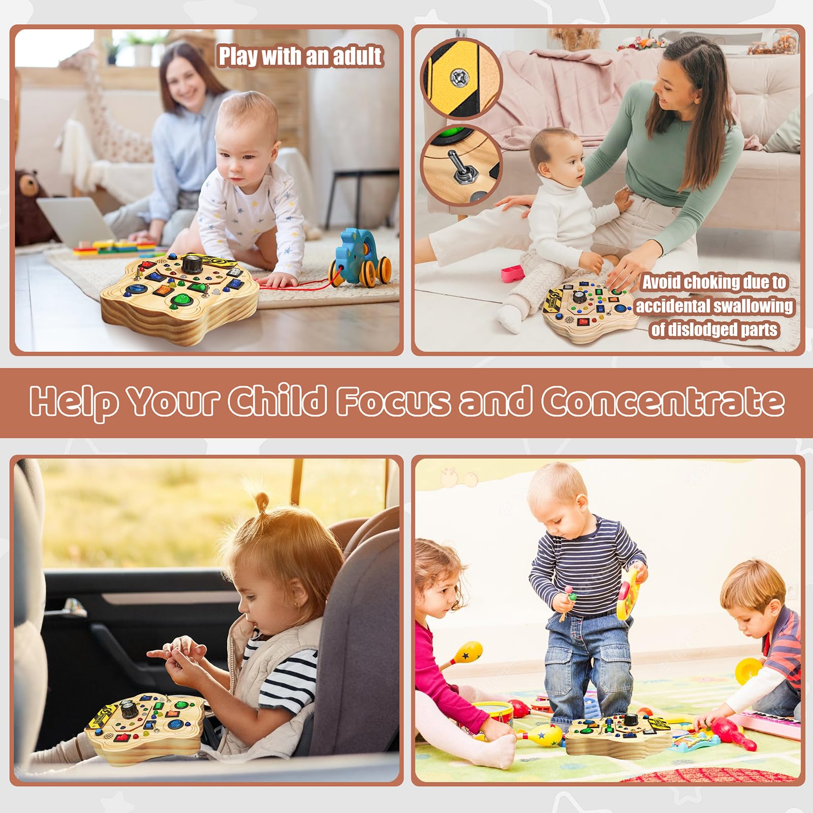 LED Light Switch Busy Board Toy - Montessori Wooden Sensory Activity Board for Toddlers 3+ Years Old - Educational Travel Toy for Boys & Girls - Perfect Gift for Kids' Learning & Airplane Entertainment