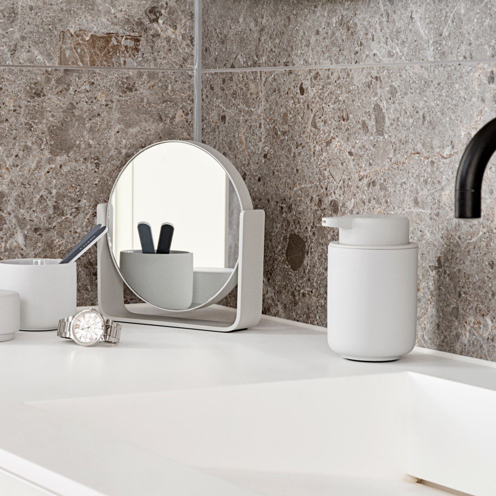 ZONE DENMARK Ume Soap Dispenser 250ml (12.8cm Height) - Soft Grey Modern Bathroom Liquid Soap Dispenser for Kitchen, Bathroom, and Guest Washroom