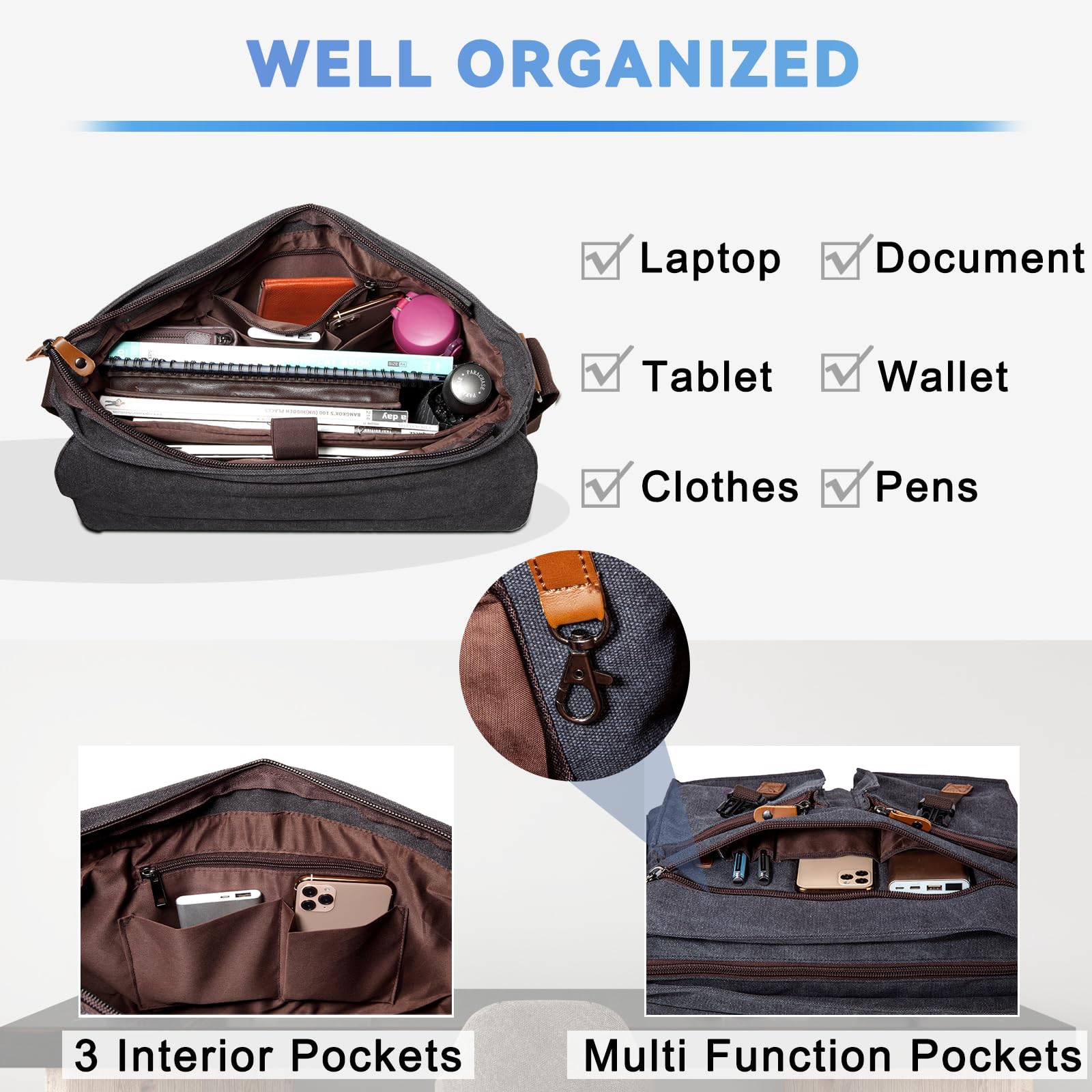 Kasqo Waterproof Canvas Messenger Bag for Men - Durable 14