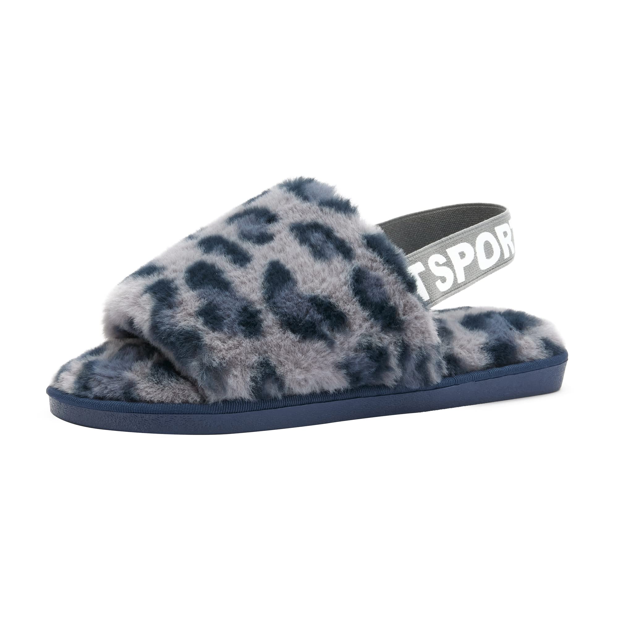 Women's Fuzzy Slide Sandals with Strap - Plush Faux Fur Open-Toe Slippers for Indoor/Outdoor Use - Warm & Cozy House Shoes for Bedroom, Lounge & Backyard Comfort