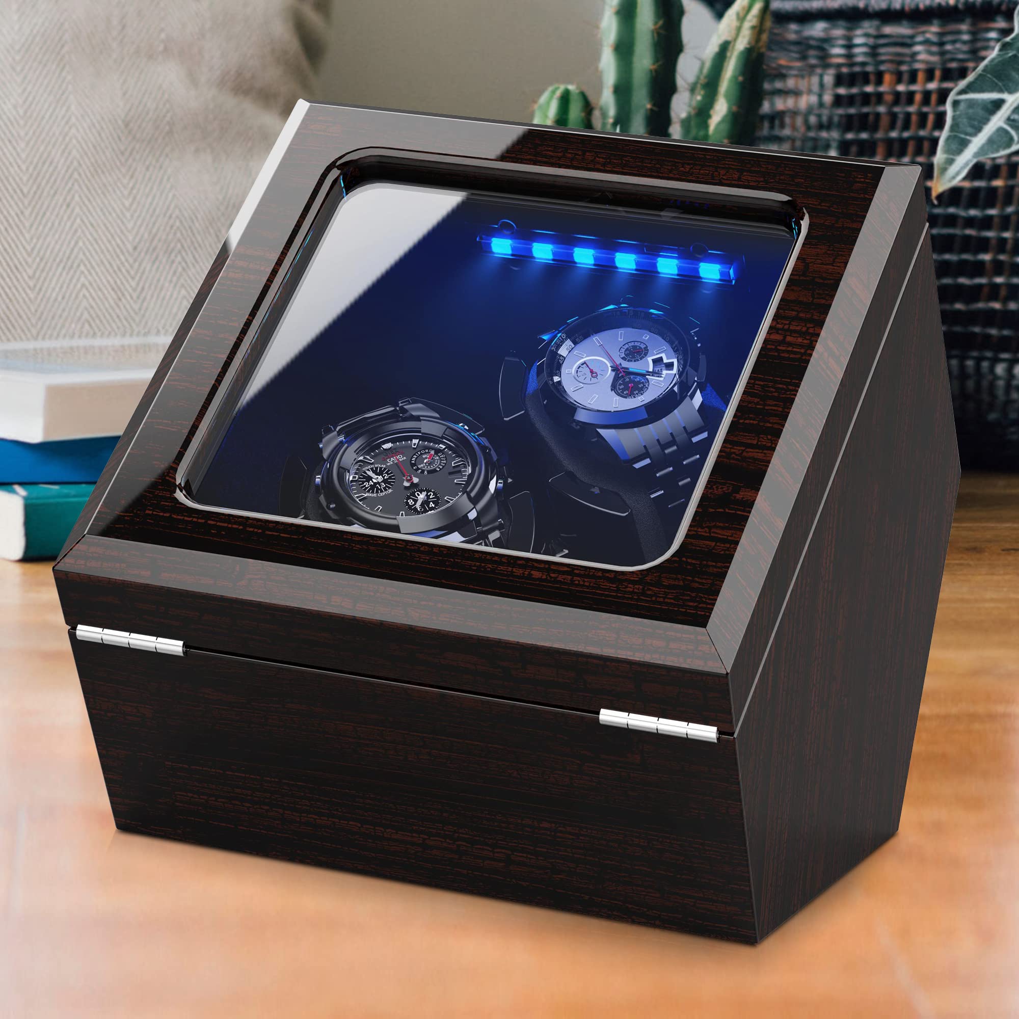 Luxury Double Watch Winder for Rolex & Automatic Watches - Ultra Quiet Motor, Blue LED Display, Adjustable Watch Pillows | AC/Battery Powered | Perfect for Travel, Storage & Watch Collection Display