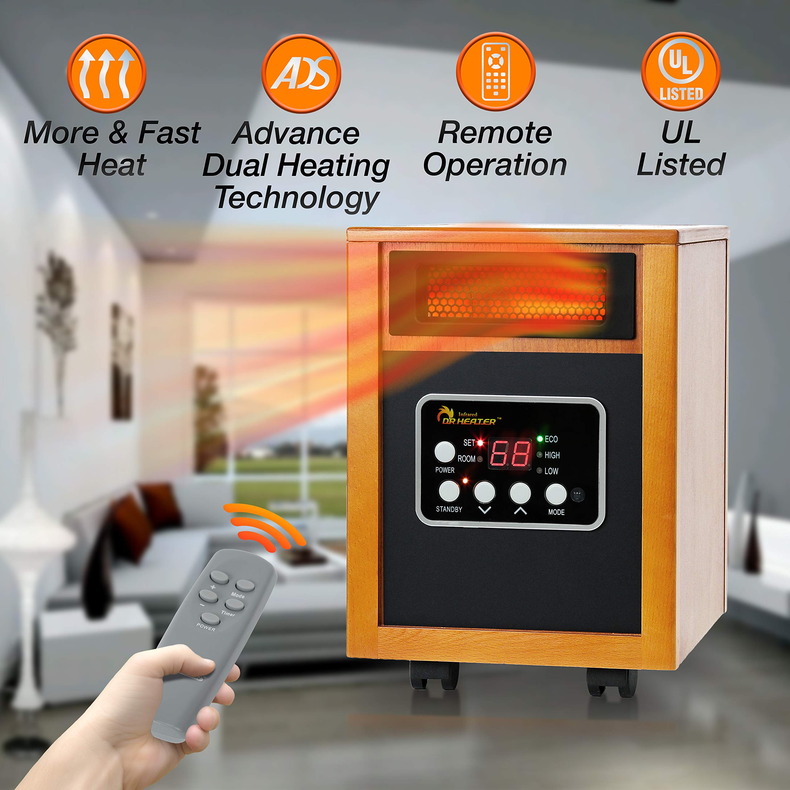 Dr Infrared Heater Portable Space Heater 1500W with Remote Control - Cherry Red - Fast Heating for Bedroom, Office & Indoor Use - Energy Efficient & Quiet Operation - Perfect for Winter & Cold Weather
